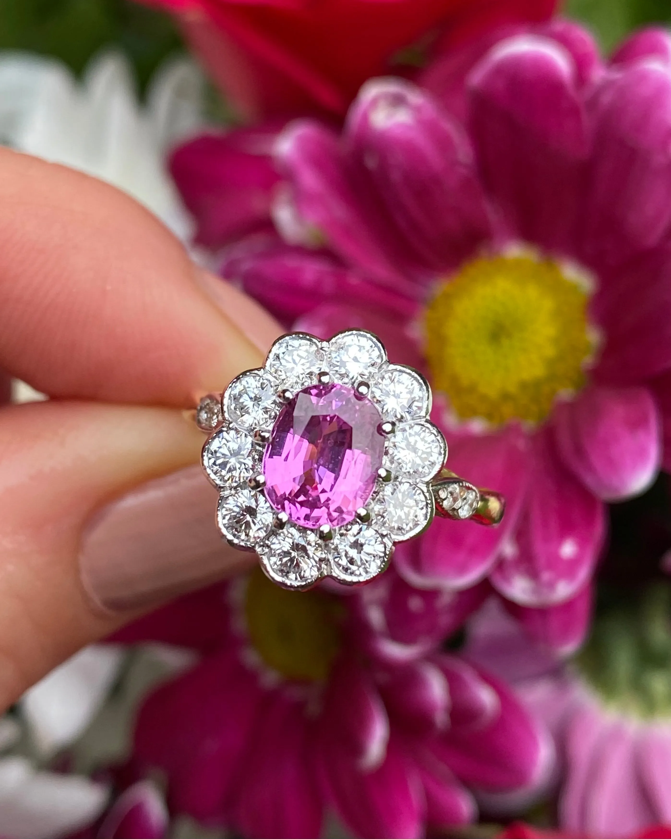 Victorian Style Pink Sapphire & Diamond Cluster 18ct Yellow Gold Ring 0.95ct   1.50ct