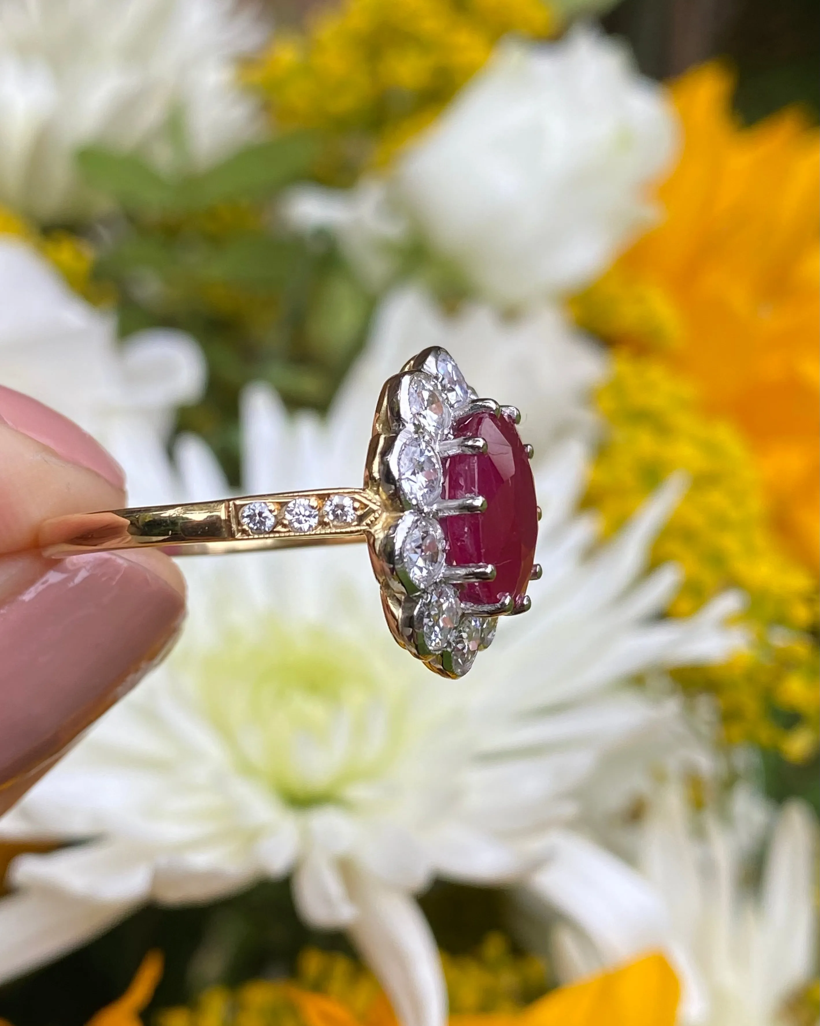 Victorian Style Ruby and Diamond Cluster 18ct Yellow Gold Ring 1.40ct   3.50ct