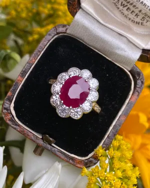 Victorian Style Ruby and Diamond Cluster 18ct Yellow Gold Ring 1.40ct   3.50ct