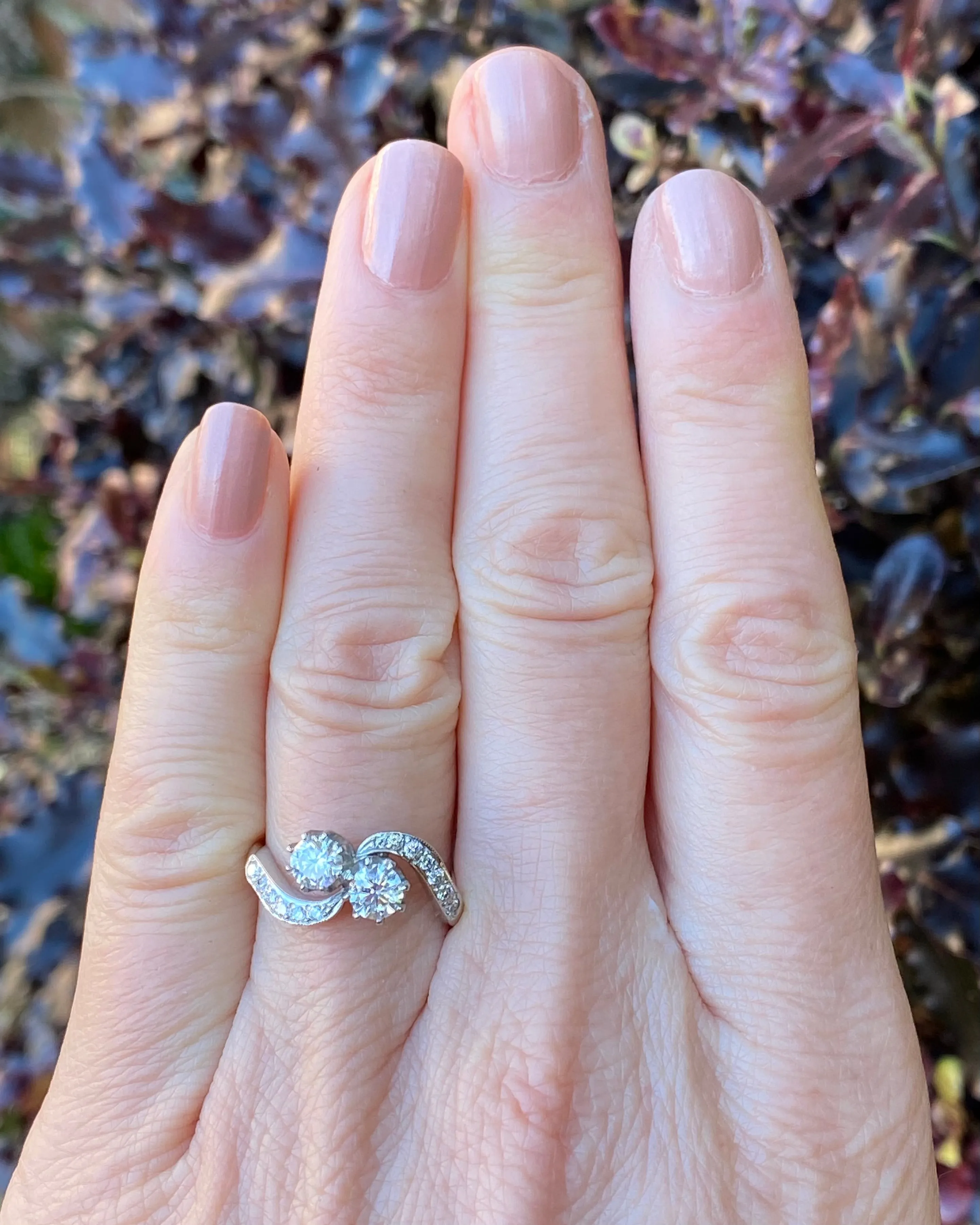 Victorian Two Stone Crossover Toi et Moi Diamond Platinum Ring 0.90ct