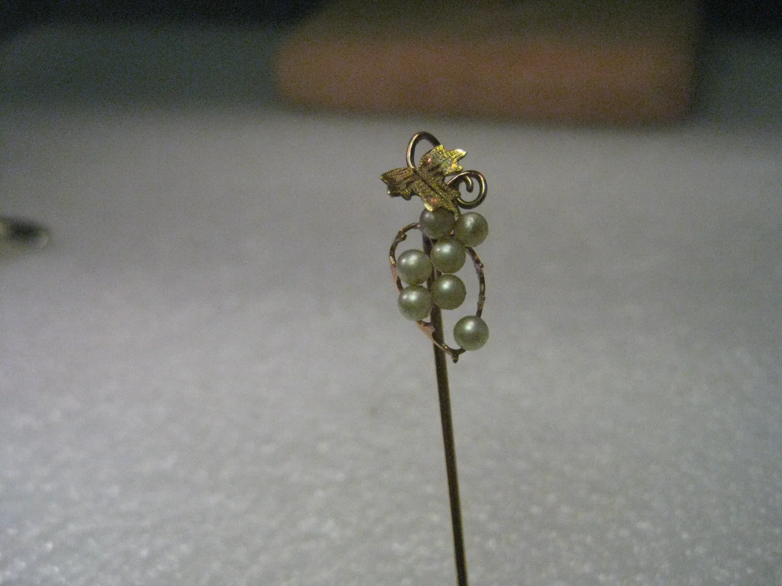 Vintage 10kt Gold Pearl Grape Cluster Stick Pin, with Leaf & Vine Accent