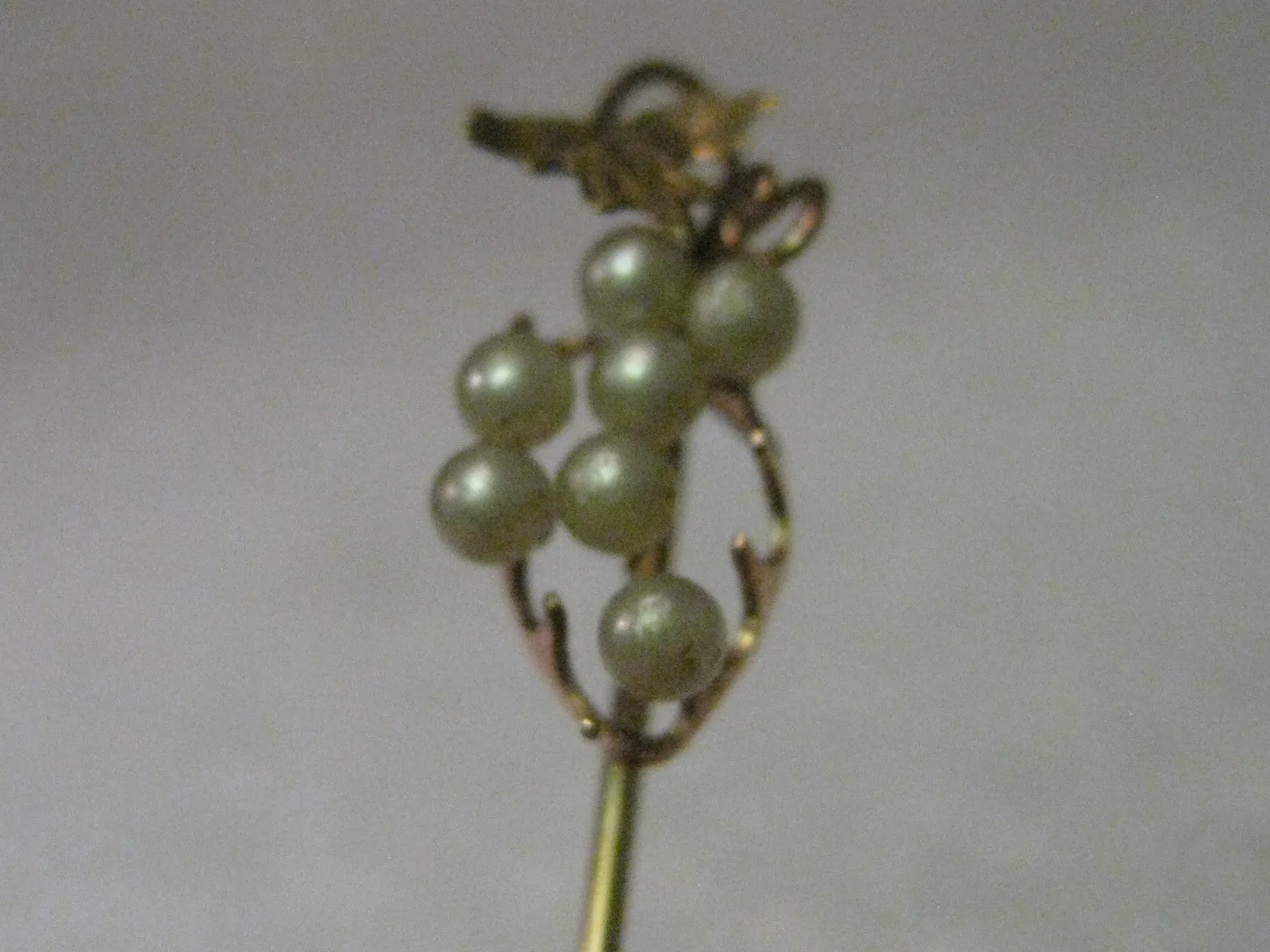 Vintage 10kt Gold Pearl Grape Cluster Stick Pin, with Leaf & Vine Accent