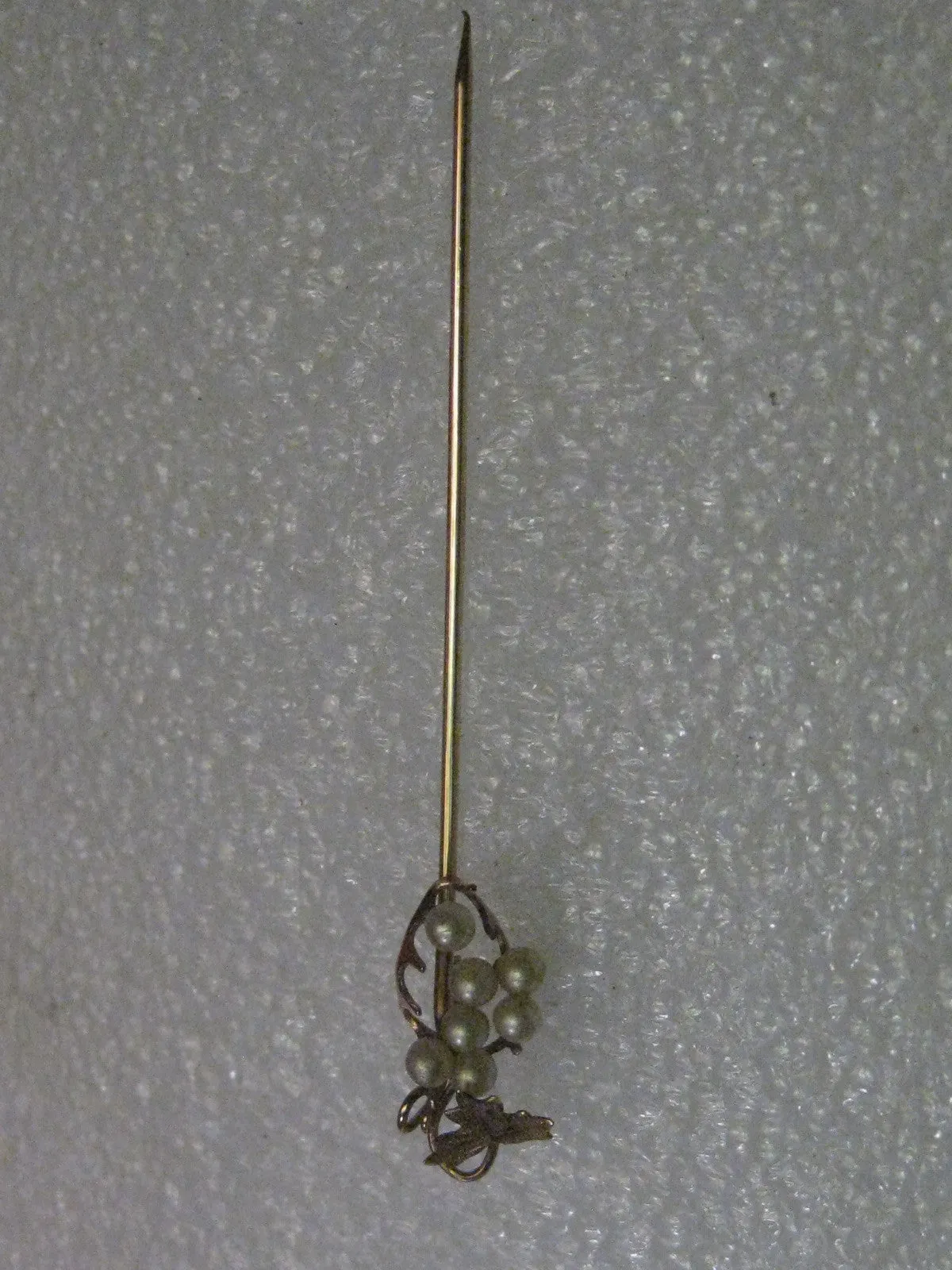 Vintage 10kt Gold Pearl Grape Cluster Stick Pin, with Leaf & Vine Accent