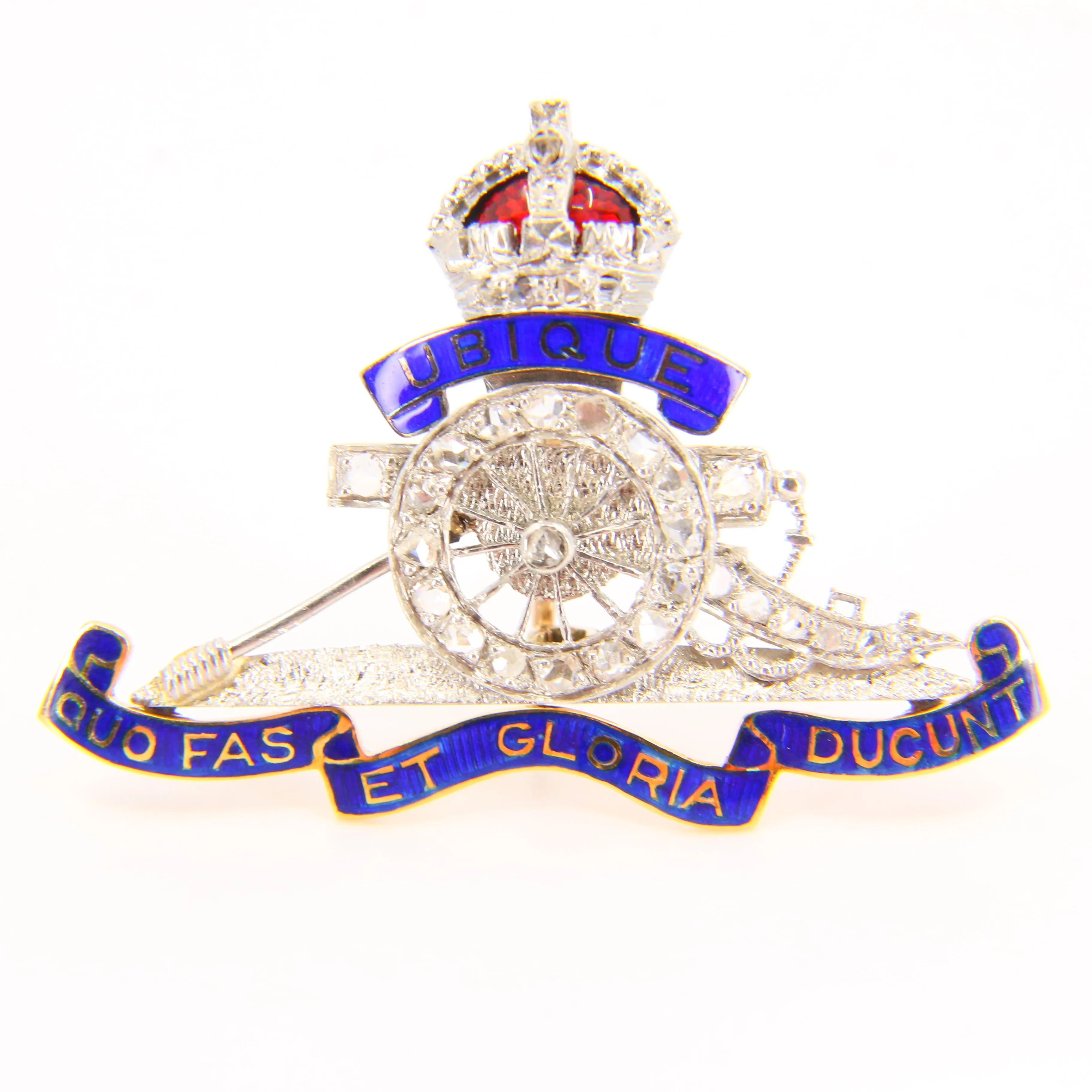 Vintage 18ct Royal Artillery Sweetheart Brooch Rose Cut Diamonds White Gold Boxed