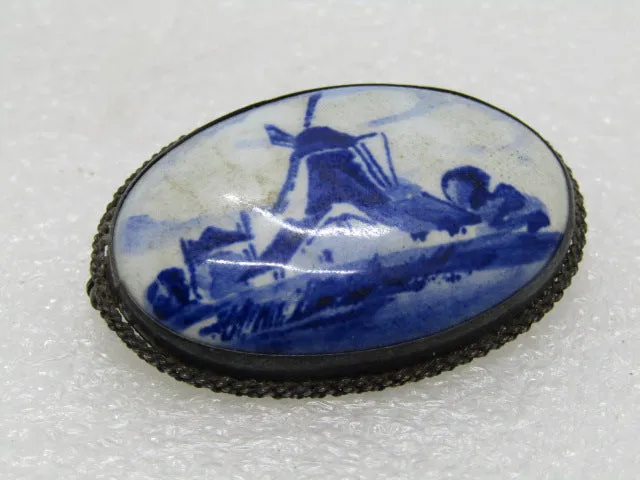 Vintage .835 Silver Delft Brooch, Windmill, Hand Painted Porcelain, C-Clasp, Early 1900's.