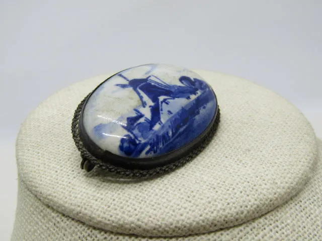 Vintage .835 Silver Delft Brooch, Windmill, Hand Painted Porcelain, C-Clasp, Early 1900's.