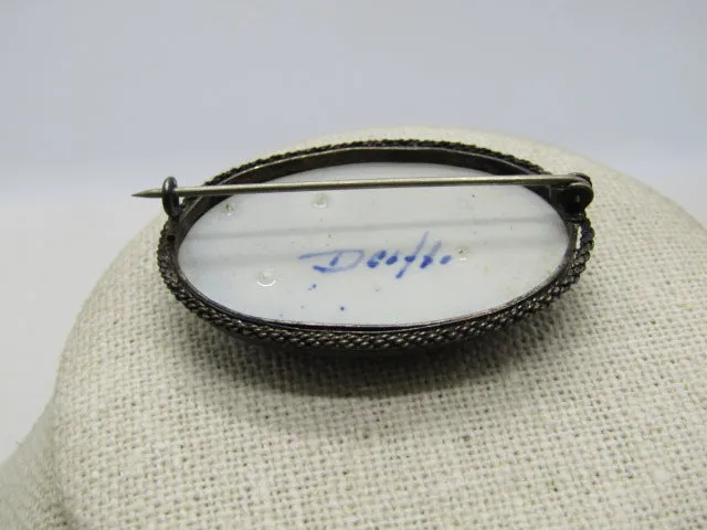 Vintage .835 Silver Delft Brooch, Windmill, Hand Painted Porcelain, C-Clasp, Early 1900's.