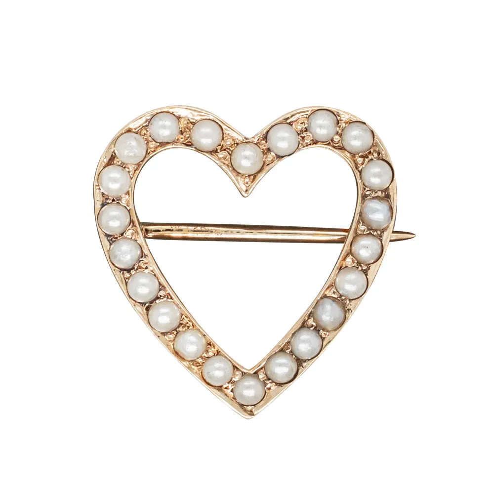 Vintage 9ct Yellow Gold Seed Pearl Heart Brooch