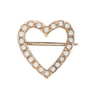 Vintage 9ct Yellow Gold Seed Pearl Heart Brooch