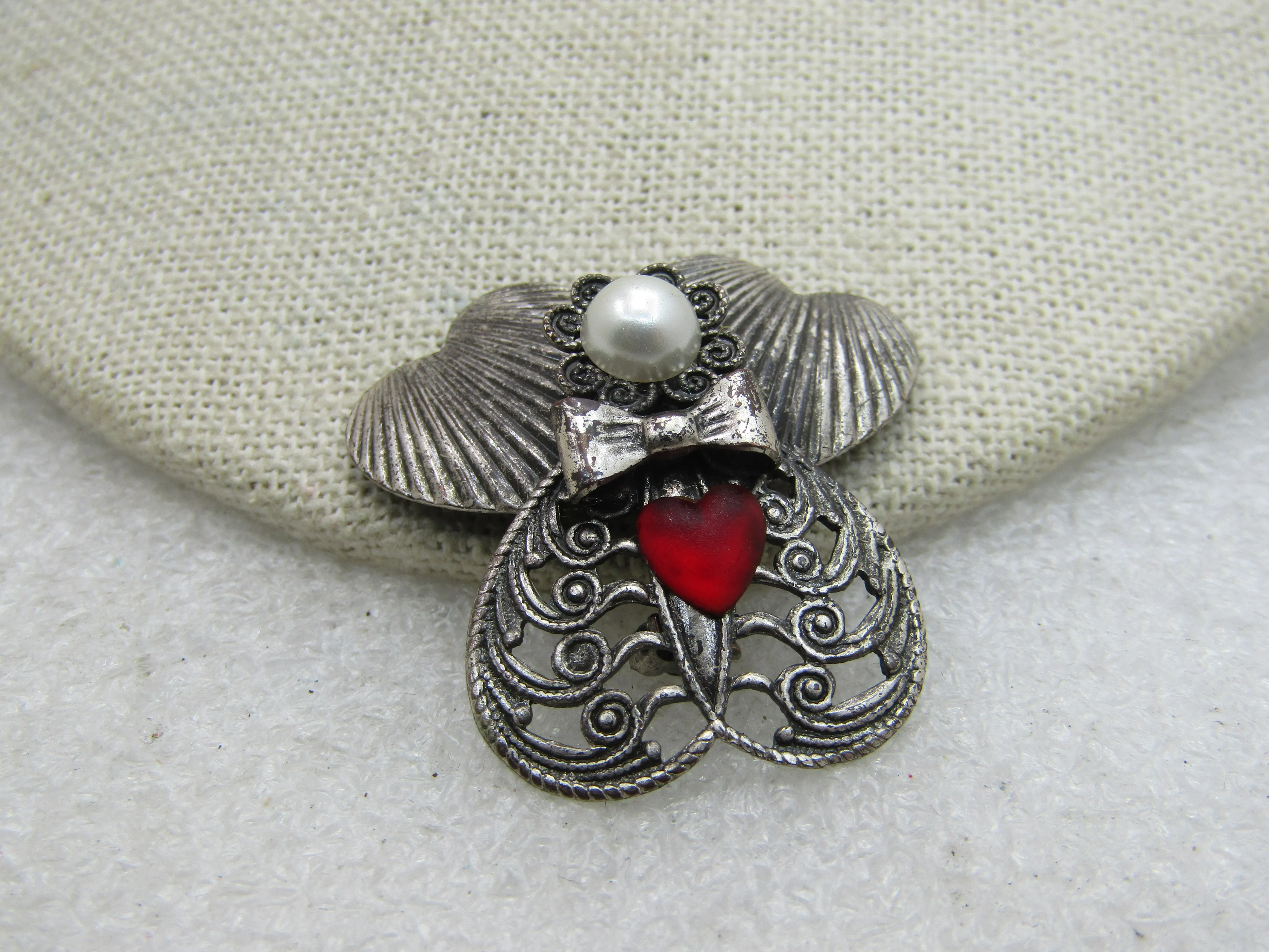 Vintage Angel Brooch Signed Jane with Faux Pearl Red Heart