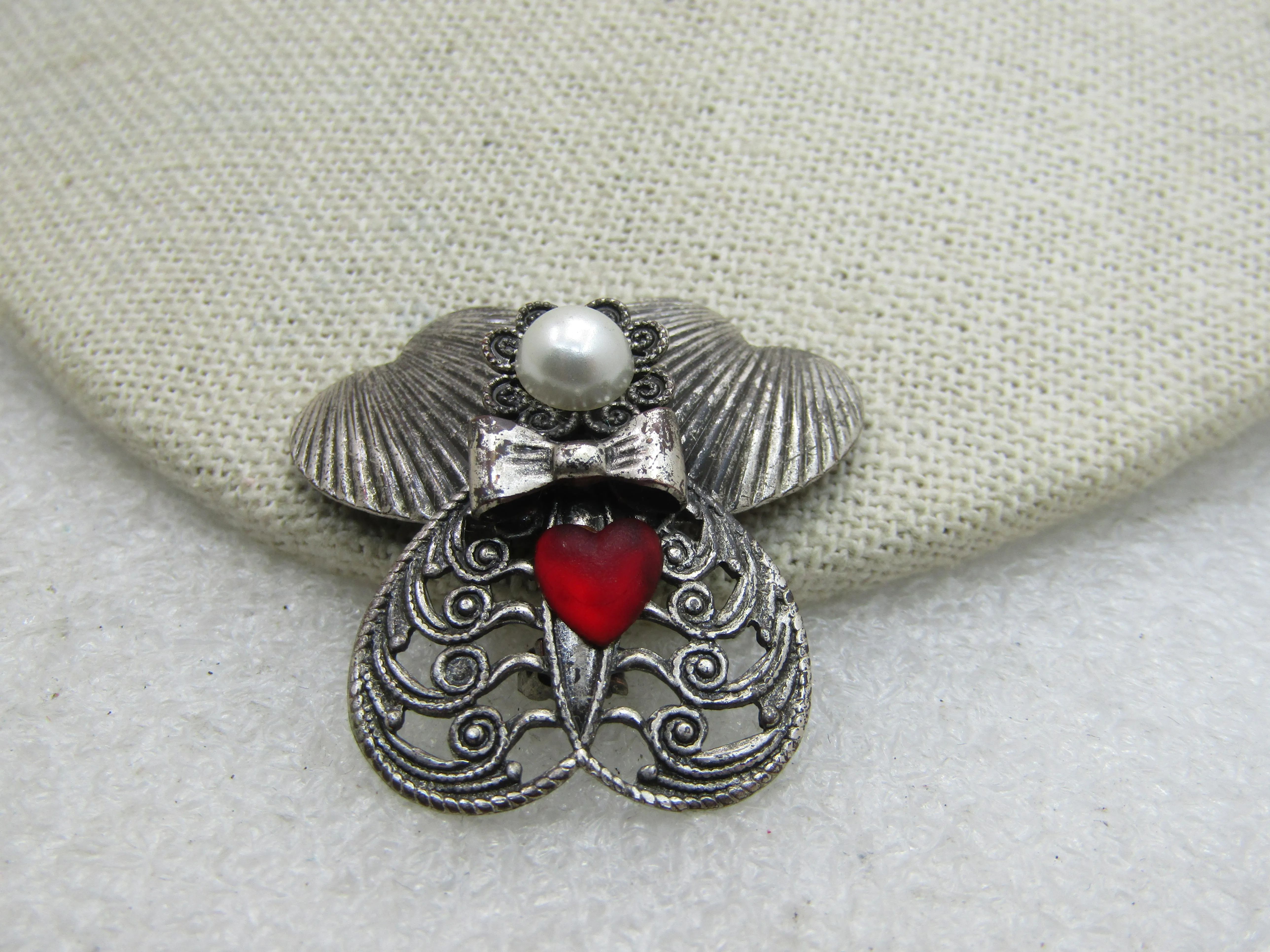 Vintage Angel Brooch Signed Jane with Faux Pearl Red Heart