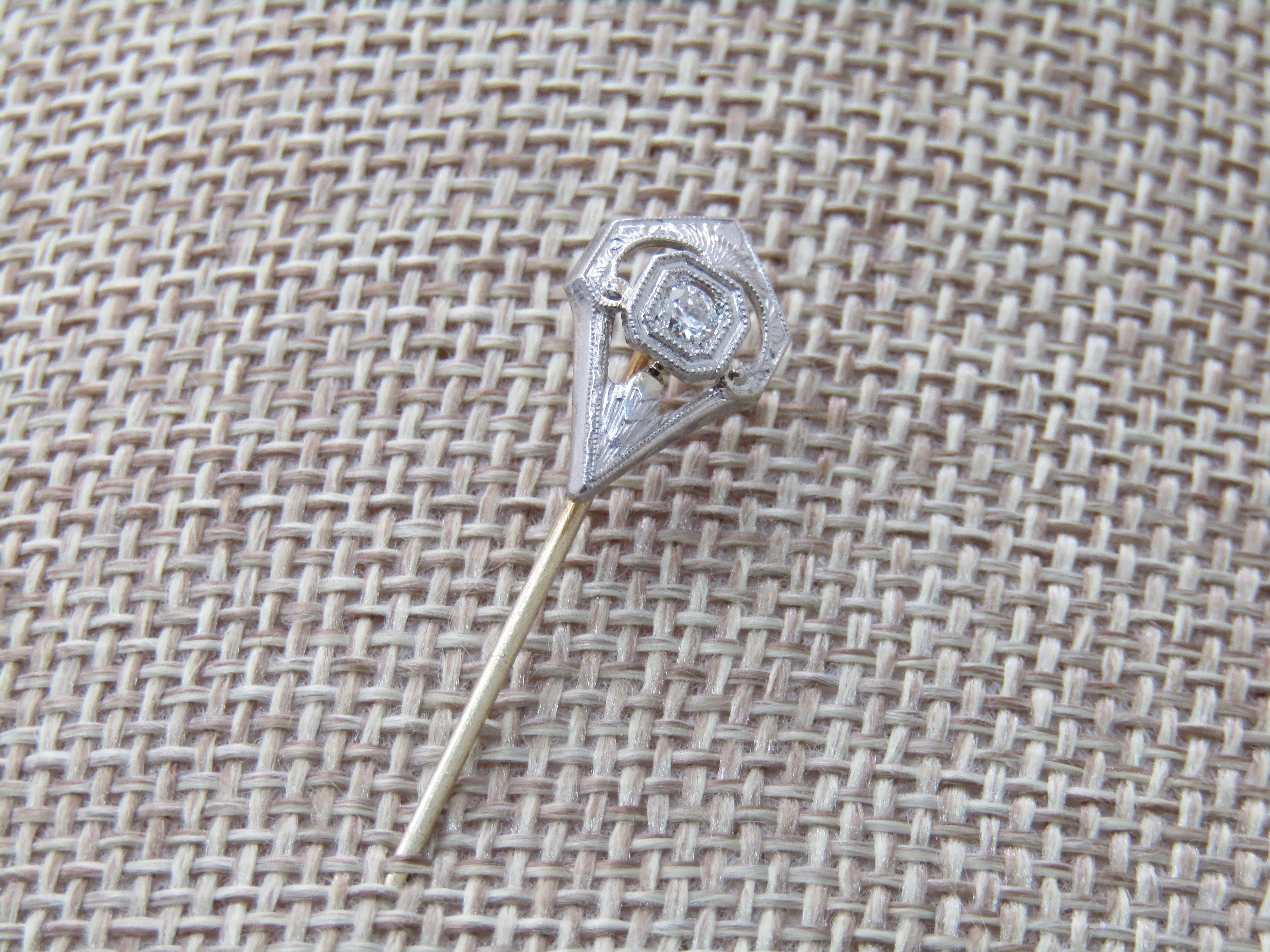 Vintage Art Deco Platinum/14k Filigree Diamond Stick Pin, .10 CTW