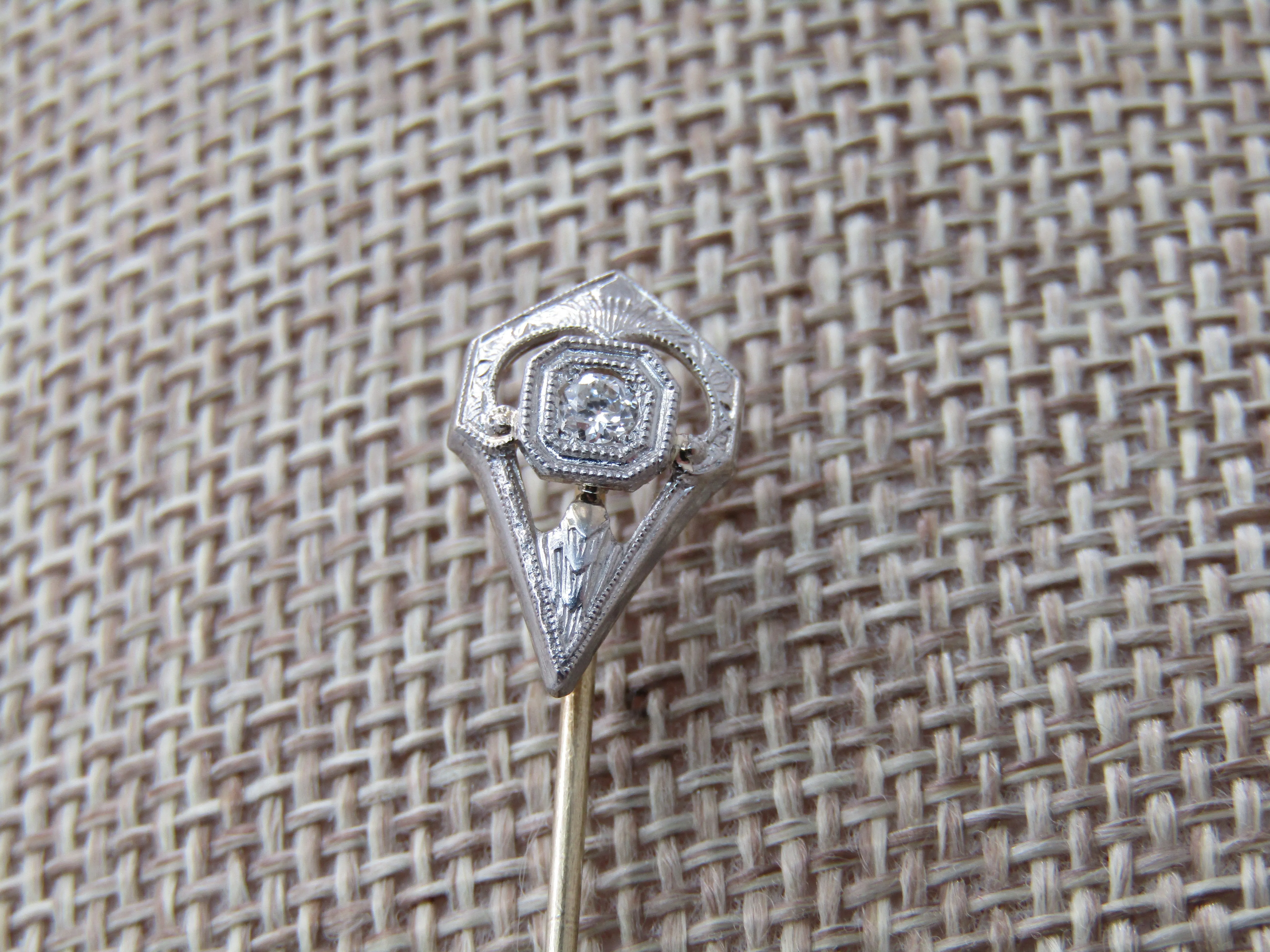 Vintage Art Deco Platinum/14k Filigree Diamond Stick Pin, .10 CTW