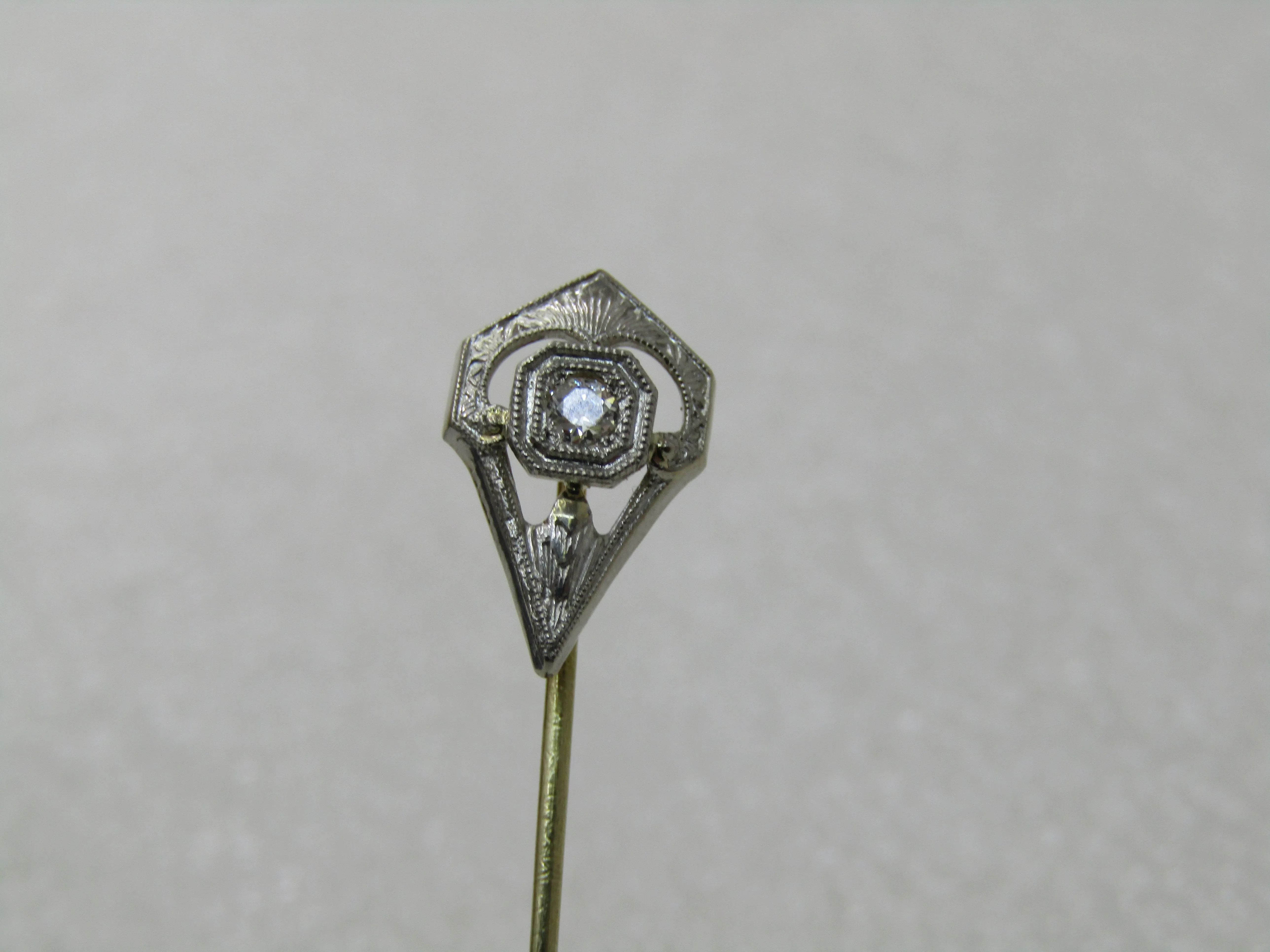 Vintage Art Deco Platinum/14k Filigree Diamond Stick Pin, .10 CTW