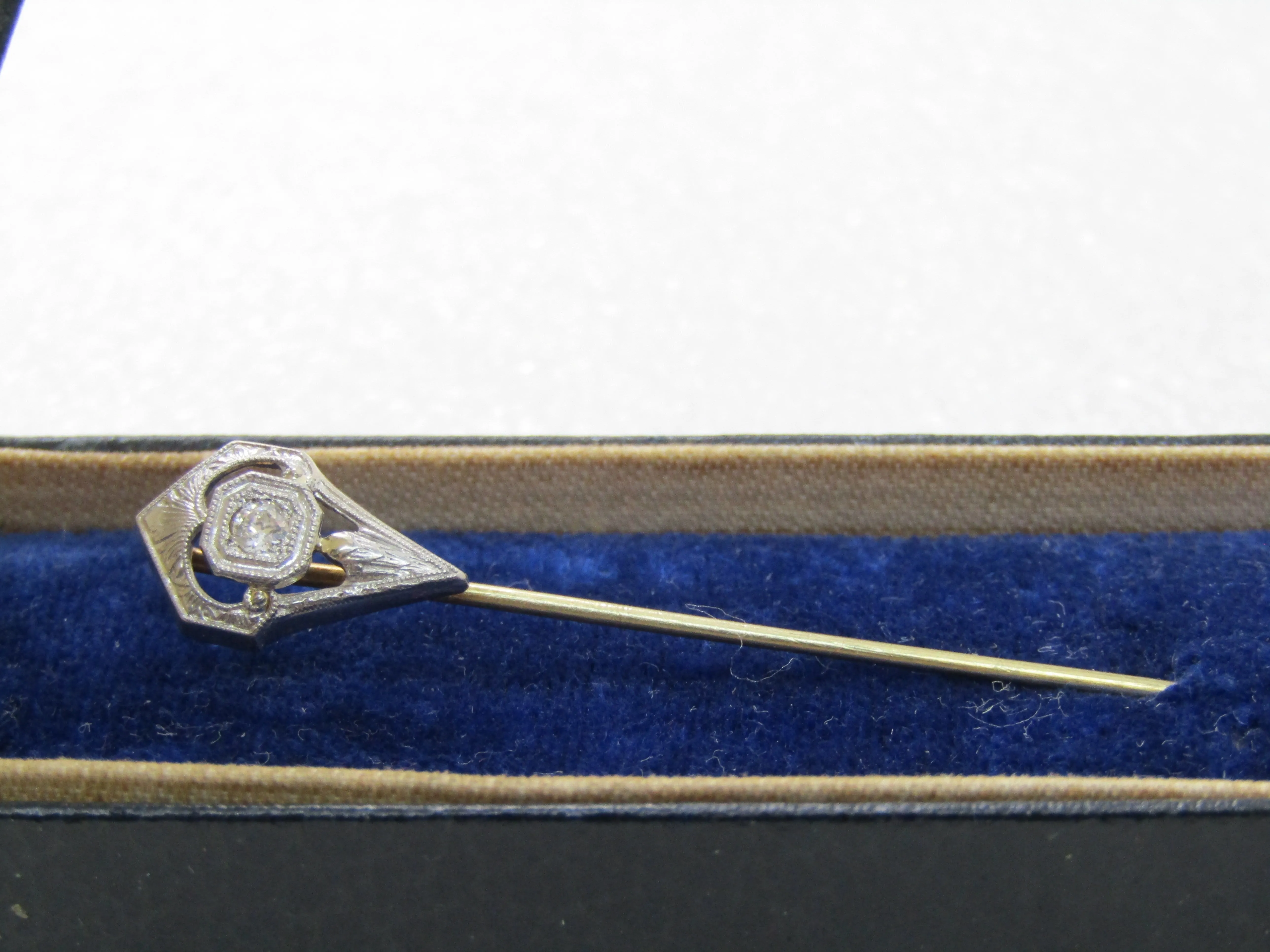 Vintage Art Deco Platinum/14k Filigree Diamond Stick Pin, .10 CTW