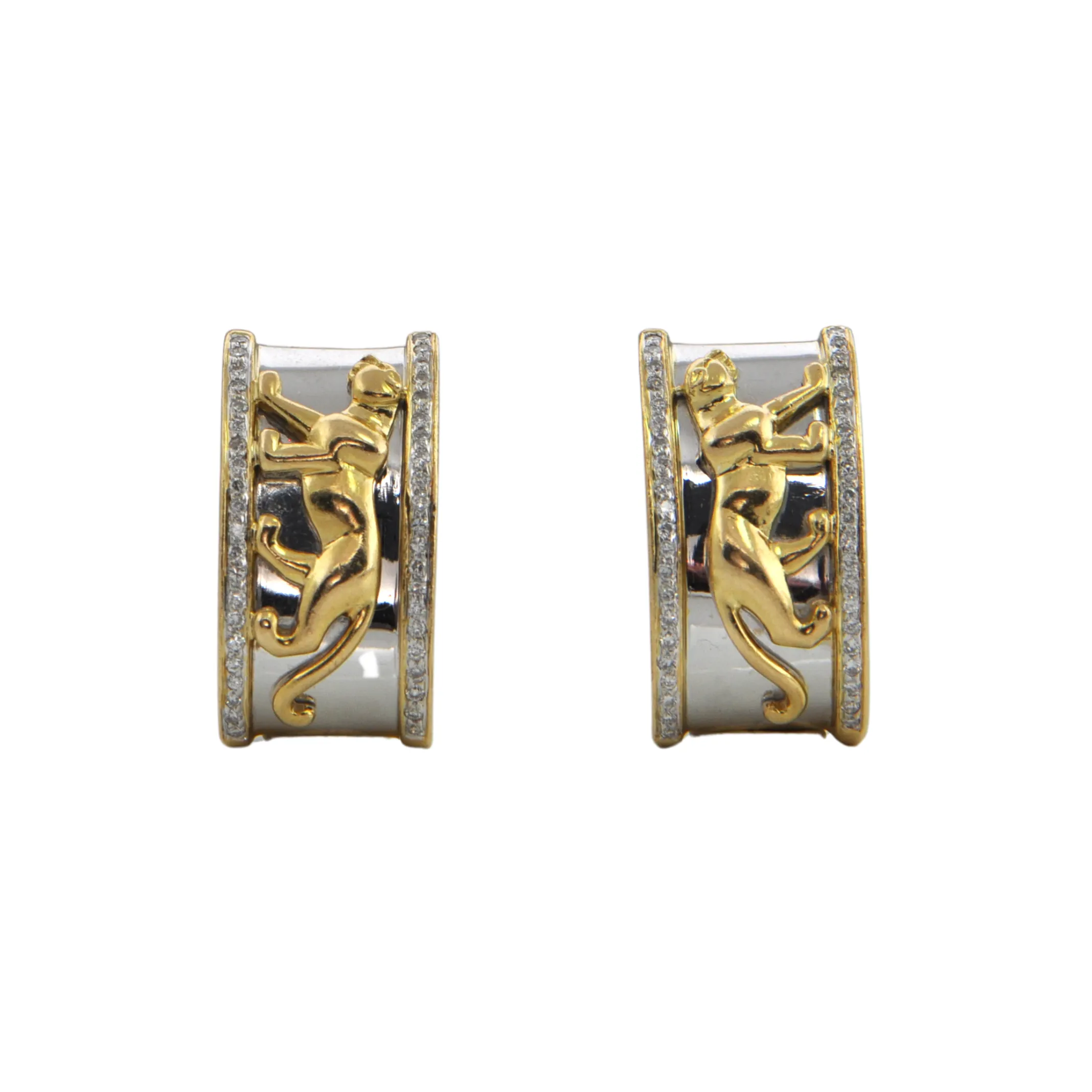 Vintage Diamond 18k Two-Tone Panther Shrimp Style Earrings