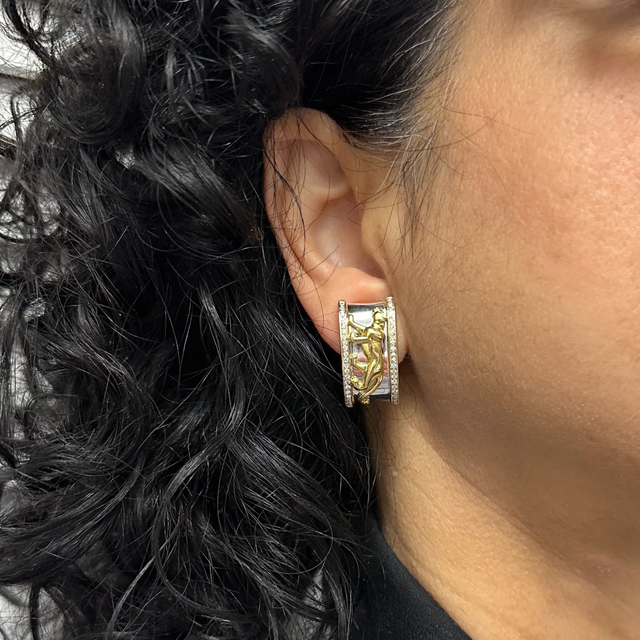 Vintage Diamond 18k Two-Tone Panther Shrimp Style Earrings
