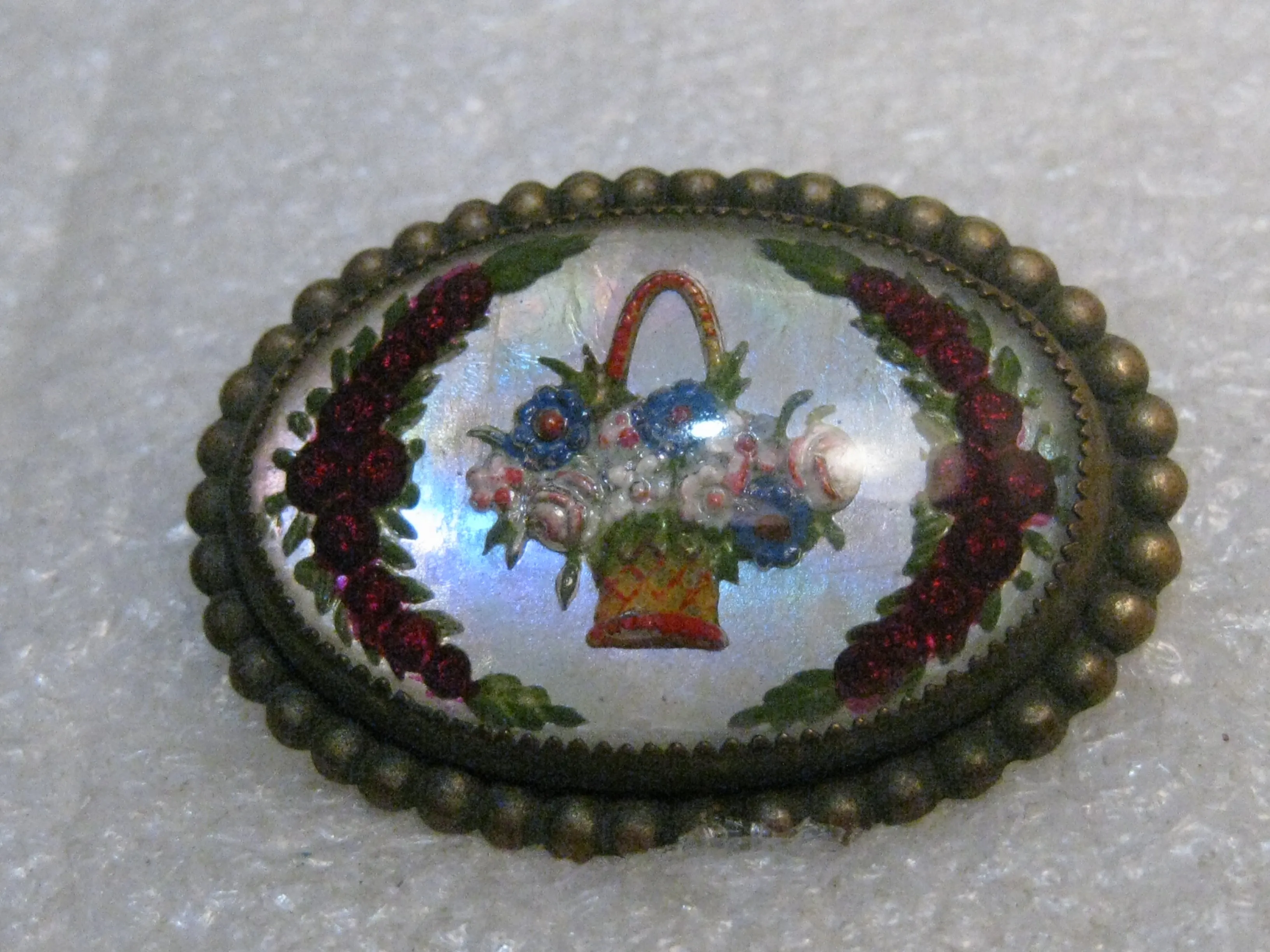 Vintage Essex Glass Floral Brooch, Pastel Basket and Red Roses, C-Clasp, Victorian/Edwardian, 1.5"