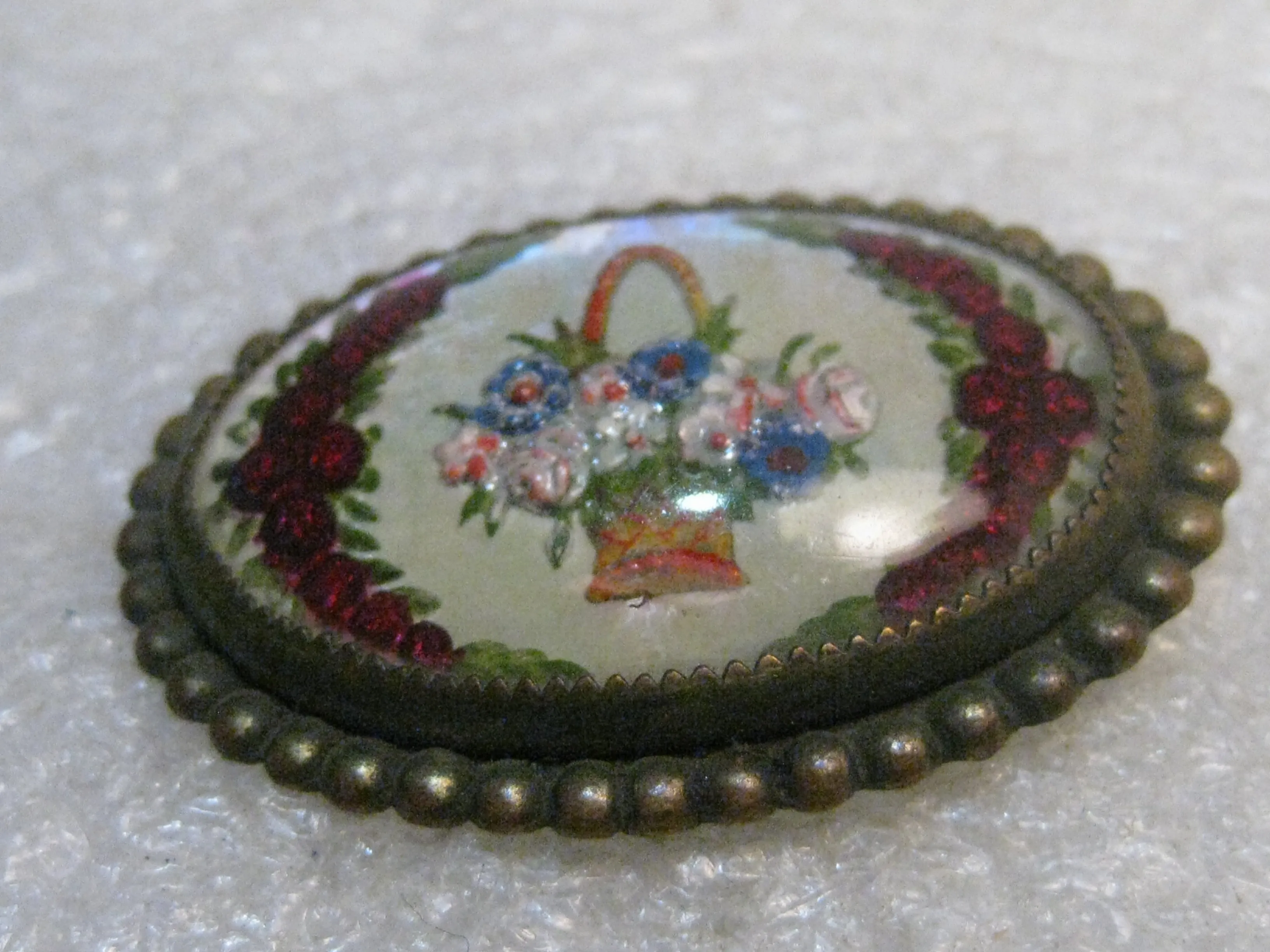 Vintage Essex Glass Floral Brooch, Pastel Basket and Red Roses, C-Clasp, Victorian/Edwardian, 1.5"
