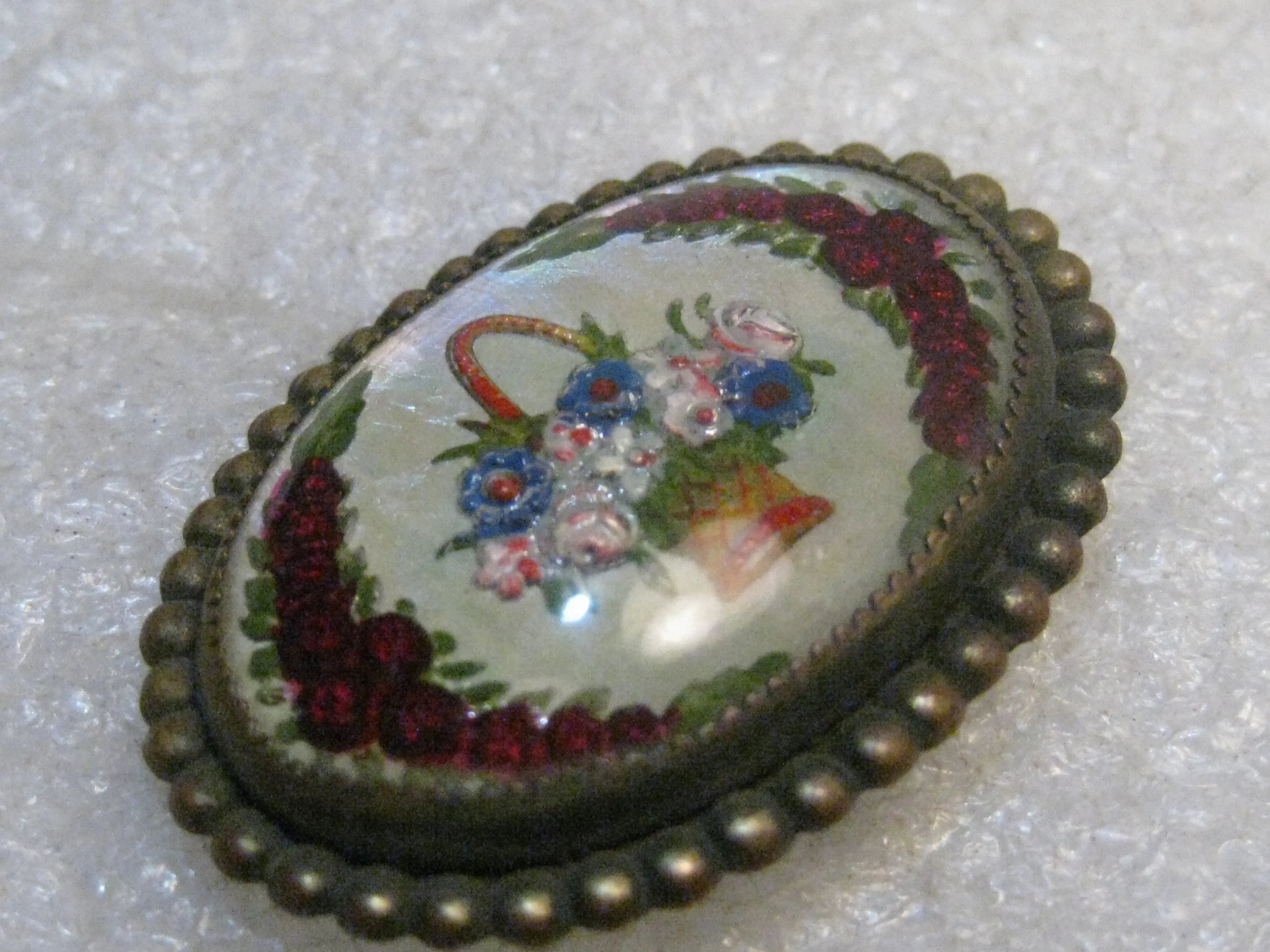 Vintage Essex Glass Floral Brooch, Pastel Basket and Red Roses, C-Clasp, Victorian/Edwardian, 1.5"