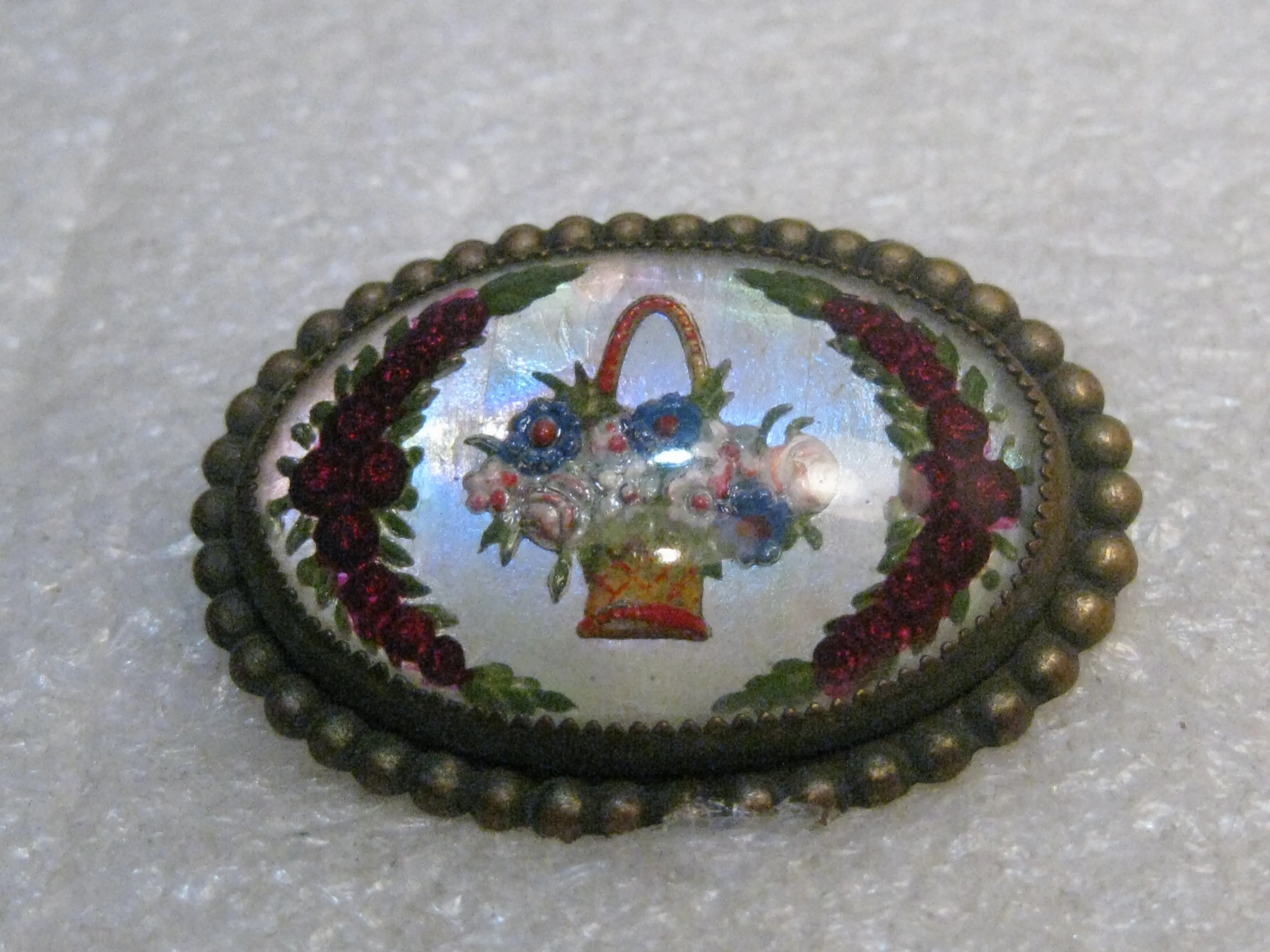 Vintage Essex Glass Floral Brooch, Pastel Basket and Red Roses, C-Clasp, Victorian/Edwardian, 1.5"