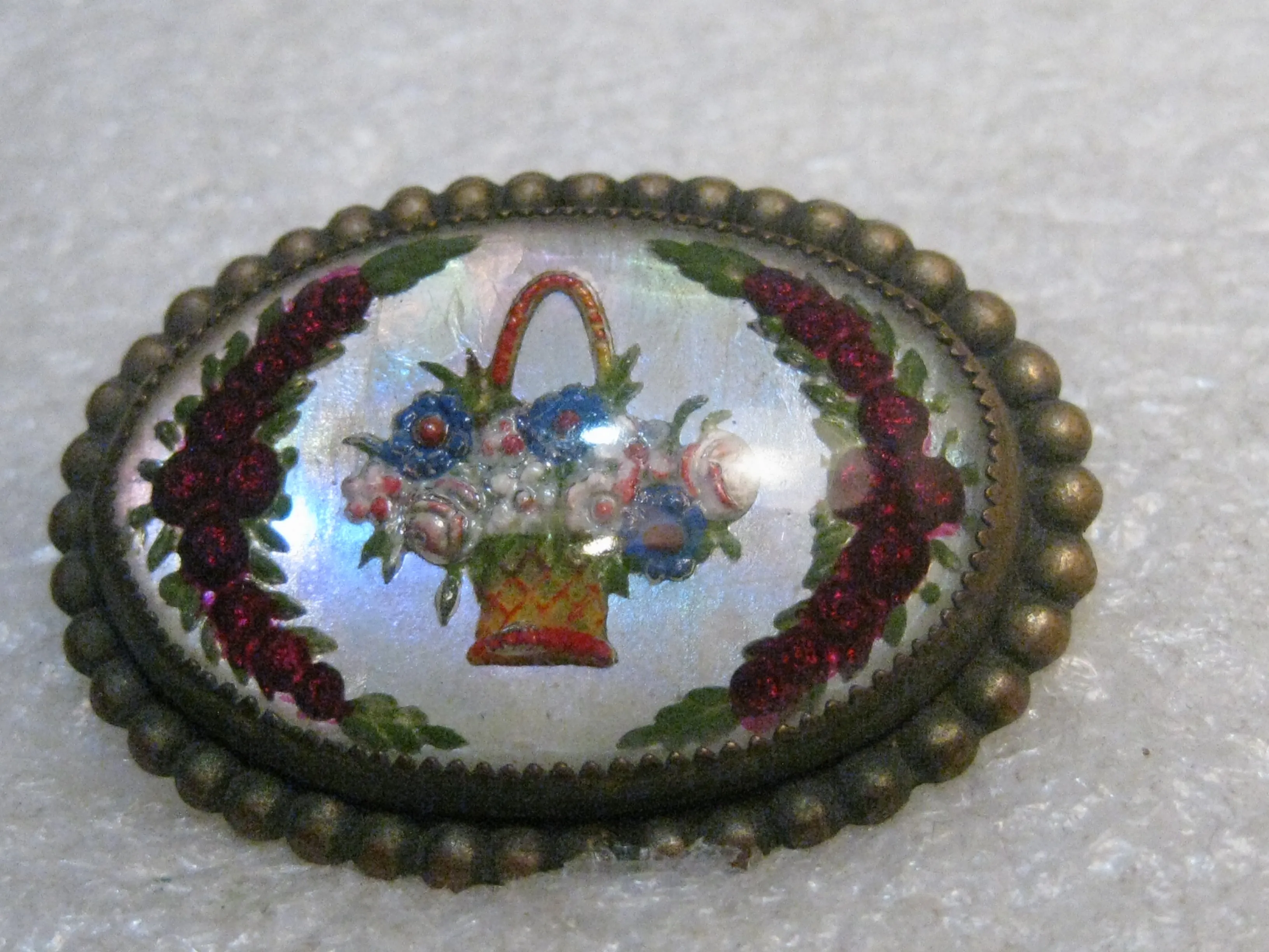 Vintage Essex Glass Floral Brooch, Pastel Basket and Red Roses, C-Clasp, Victorian/Edwardian, 1.5"