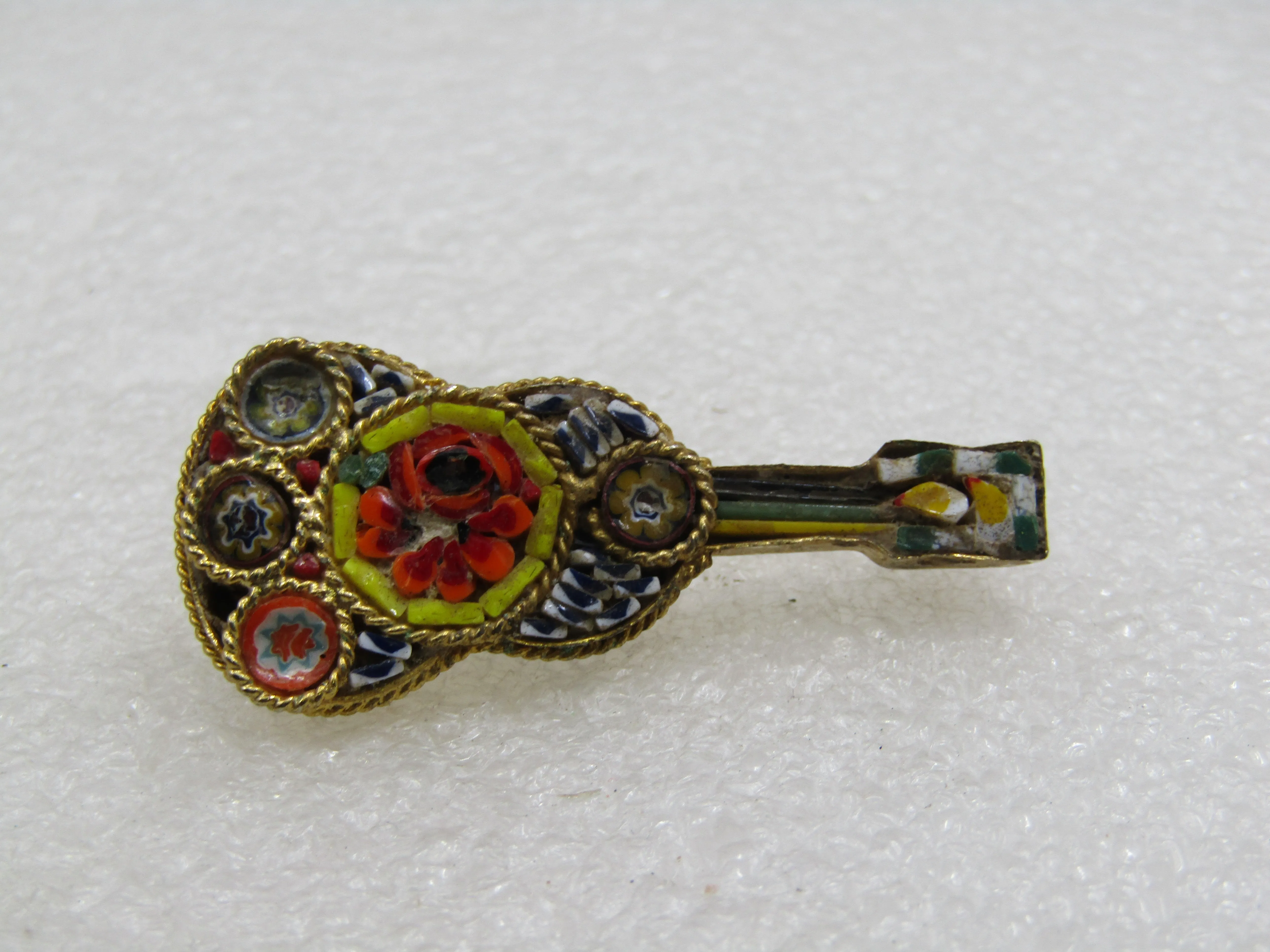 Vintage Floral Micro Mosaic Guitar Brooch, 1950's