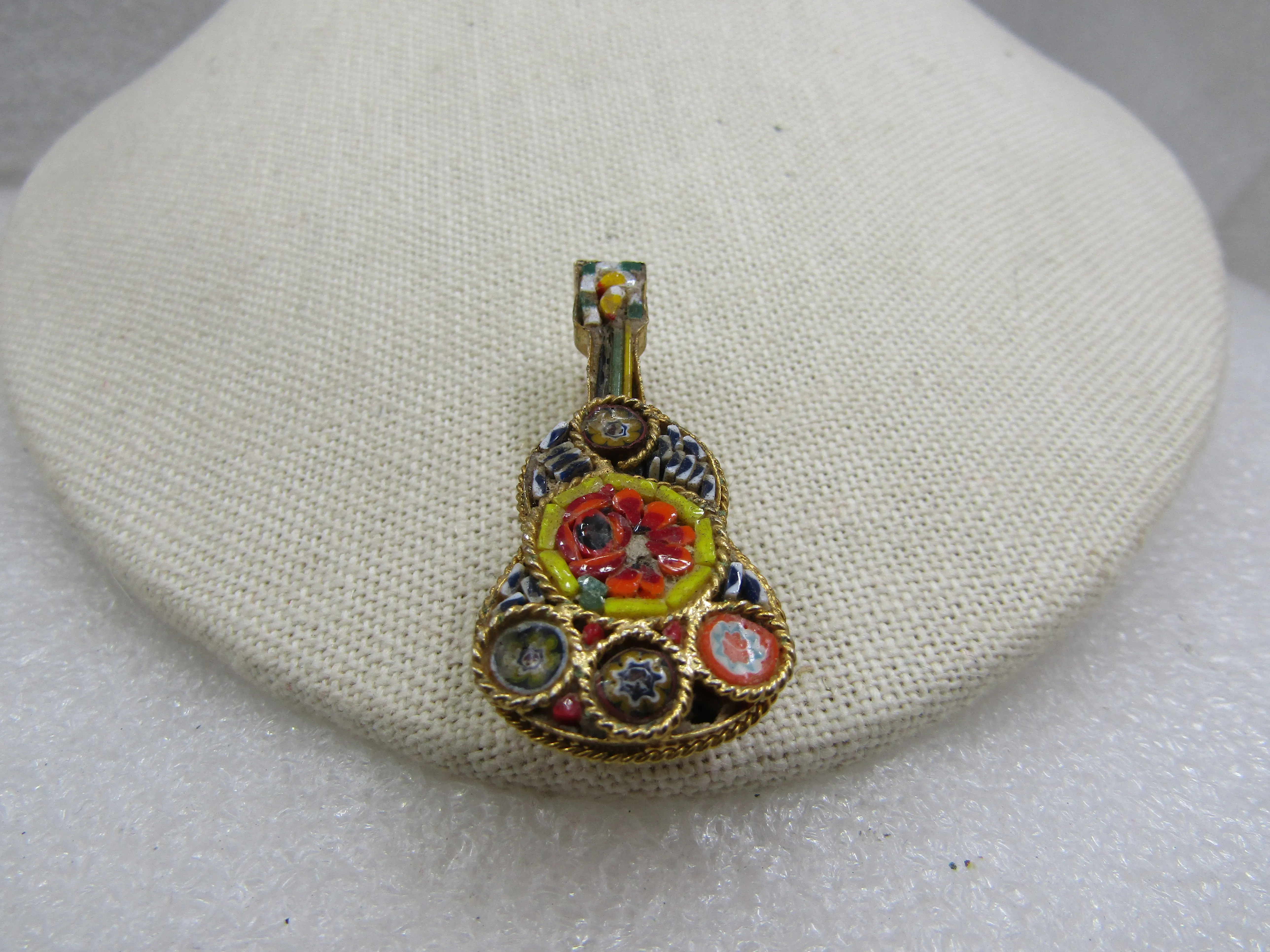 Vintage Floral Micro Mosaic Guitar Brooch, 1950's