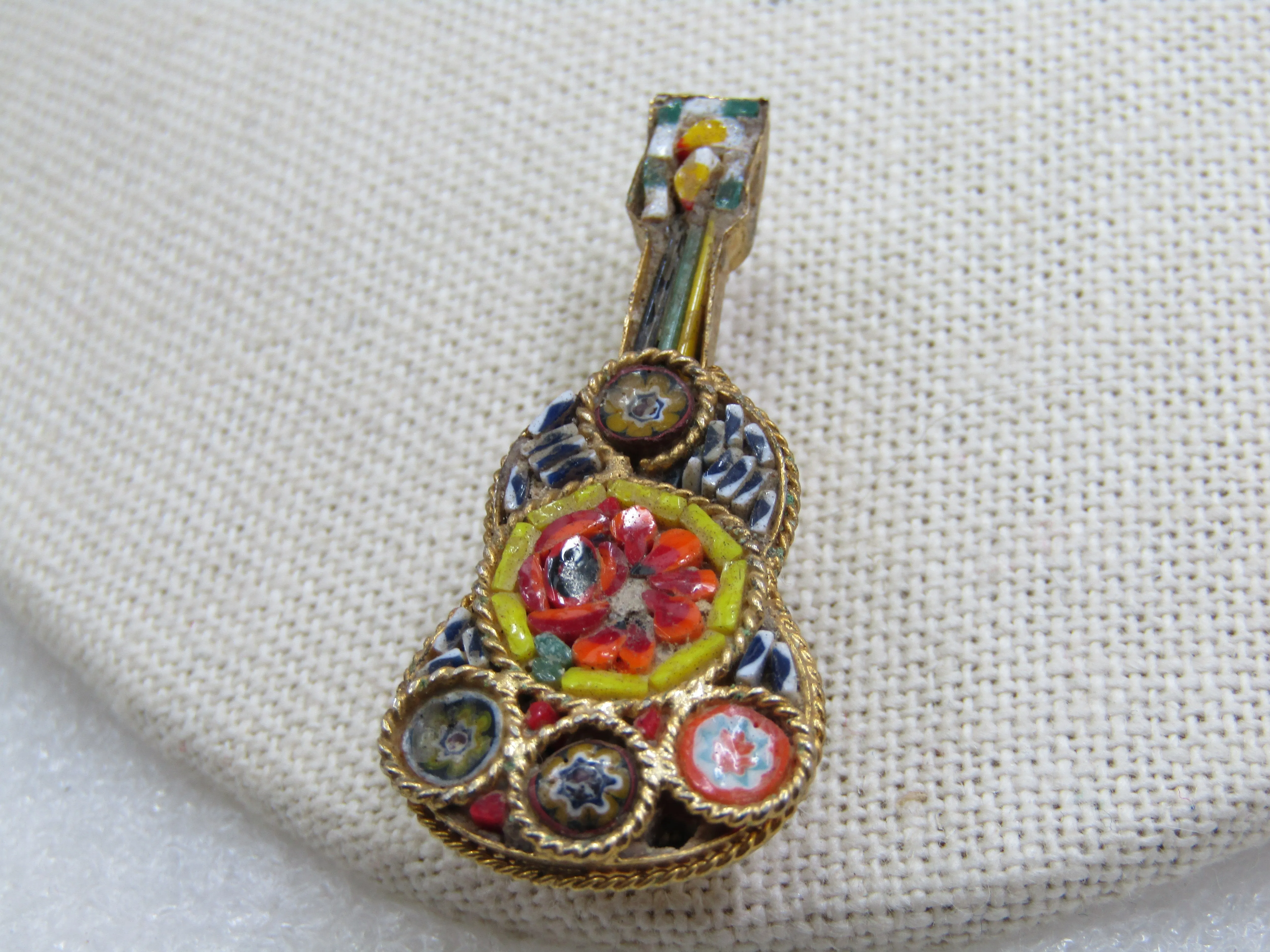 Vintage Floral Micro Mosaic Guitar Brooch, 1950's