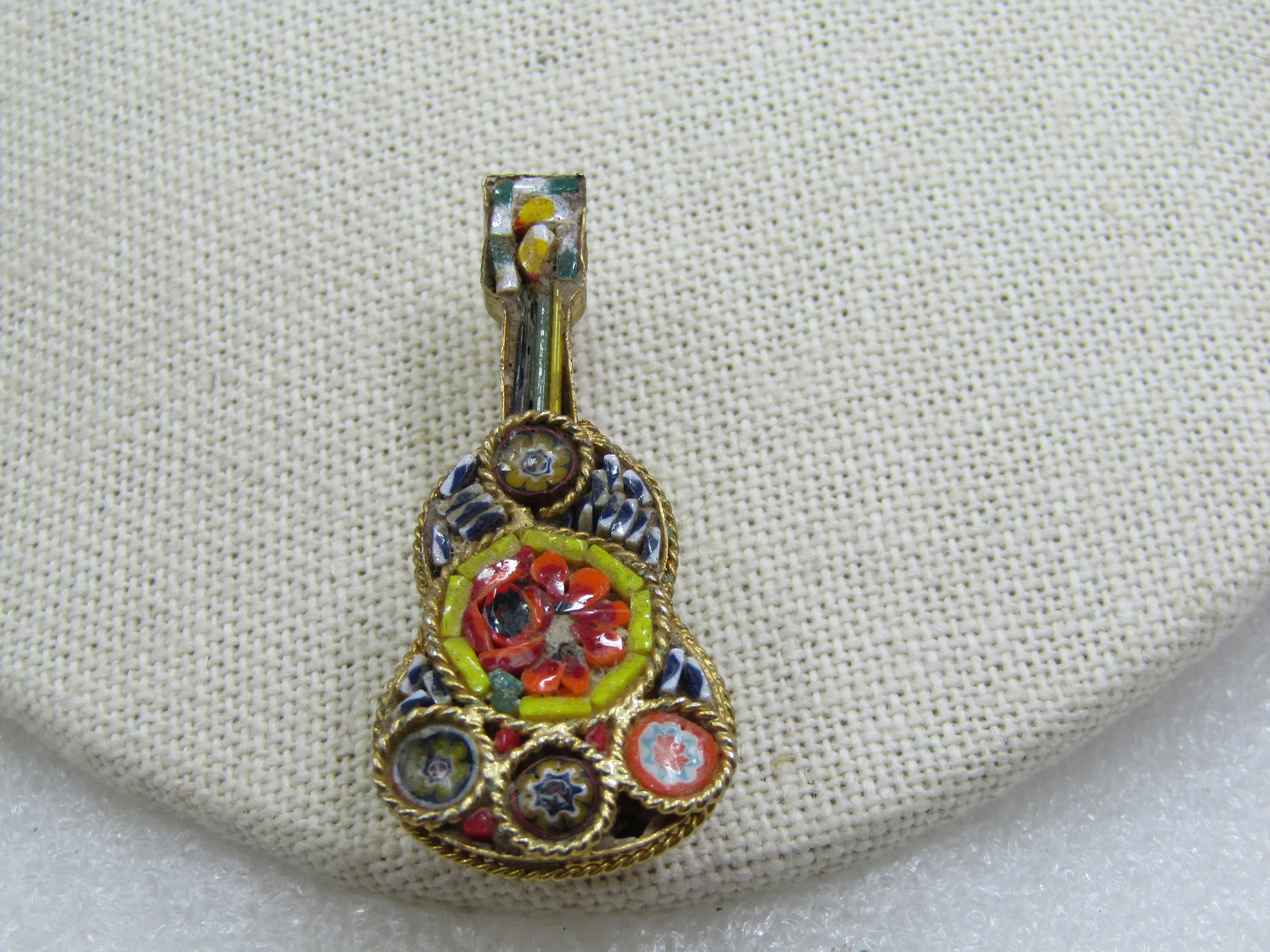 Vintage Floral Micro Mosaic Guitar Brooch, 1950's