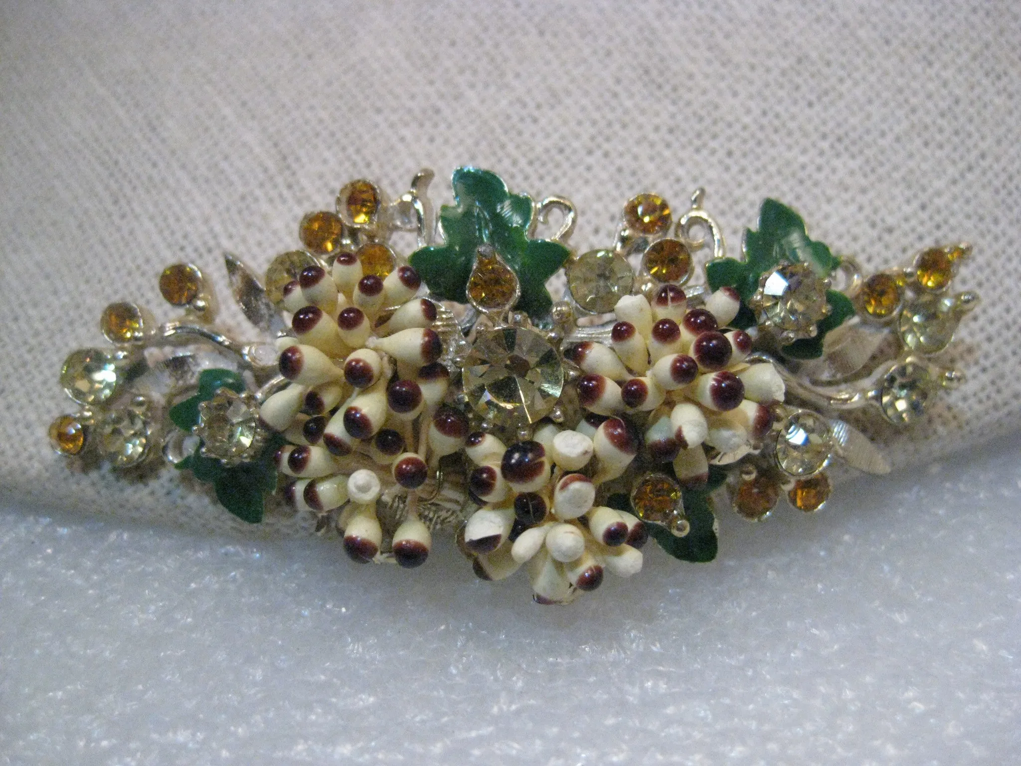 Vintage Florenza Mid-Century Grape Cluster Brooch, Rhinestones, Enameling, RARE 2.75"