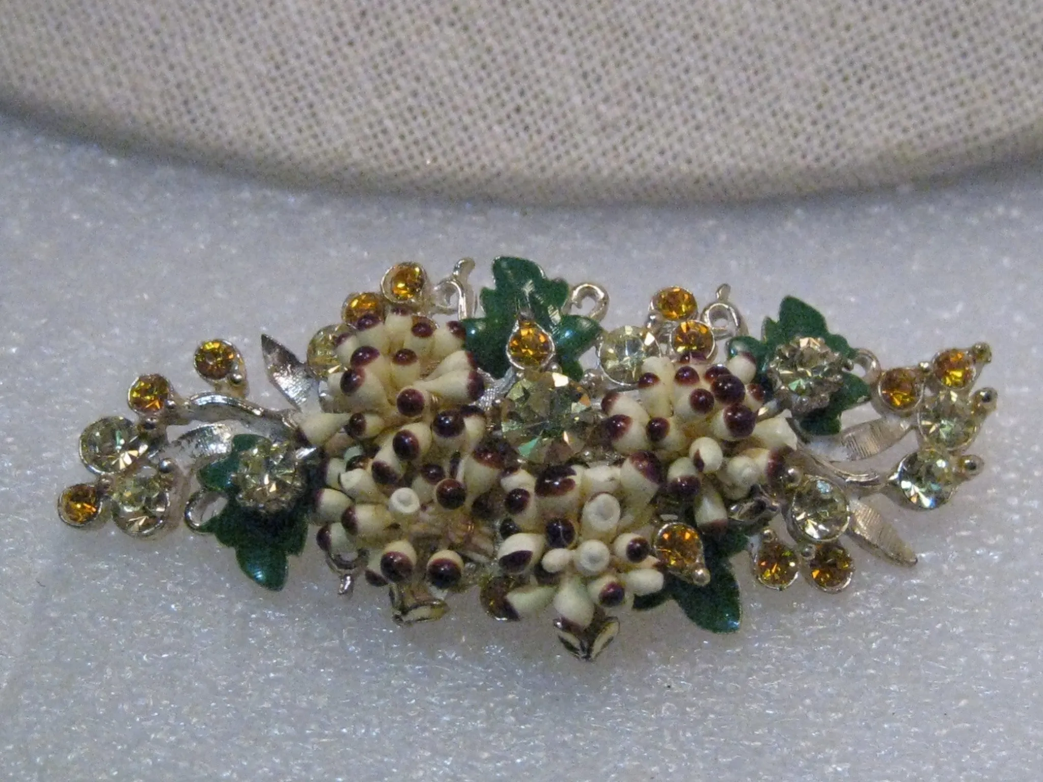 Vintage Florenza Mid-Century Grape Cluster Brooch, Rhinestones, Enameling, RARE 2.75"