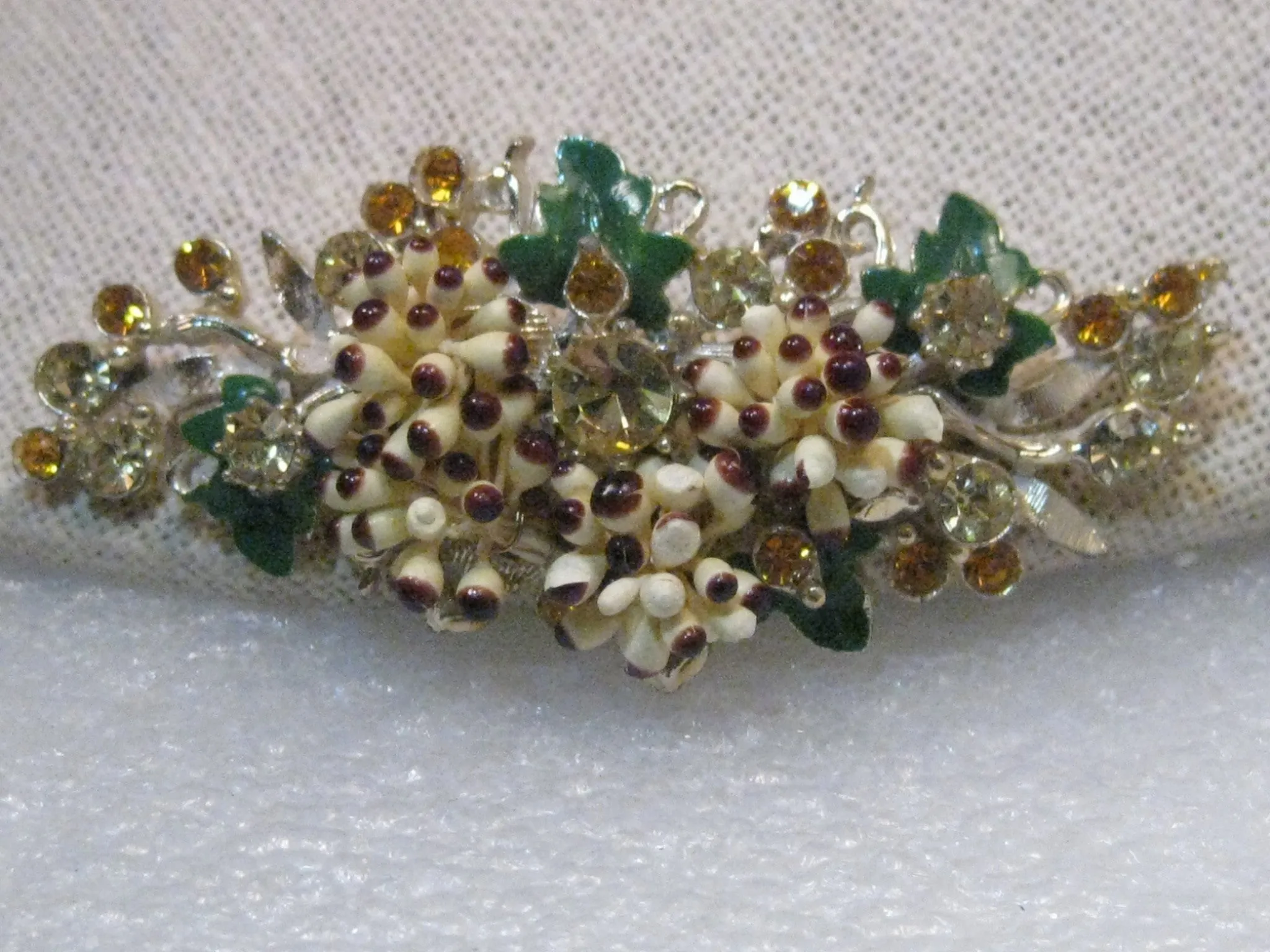 Vintage Florenza Mid-Century Grape Cluster Brooch, Rhinestones, Enameling, RARE 2.75"