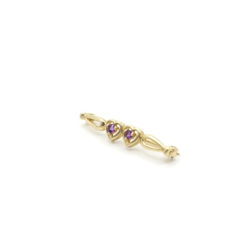 Vintage Genuine Amethyst Two Hearts Pin In 14K Yellow Gold