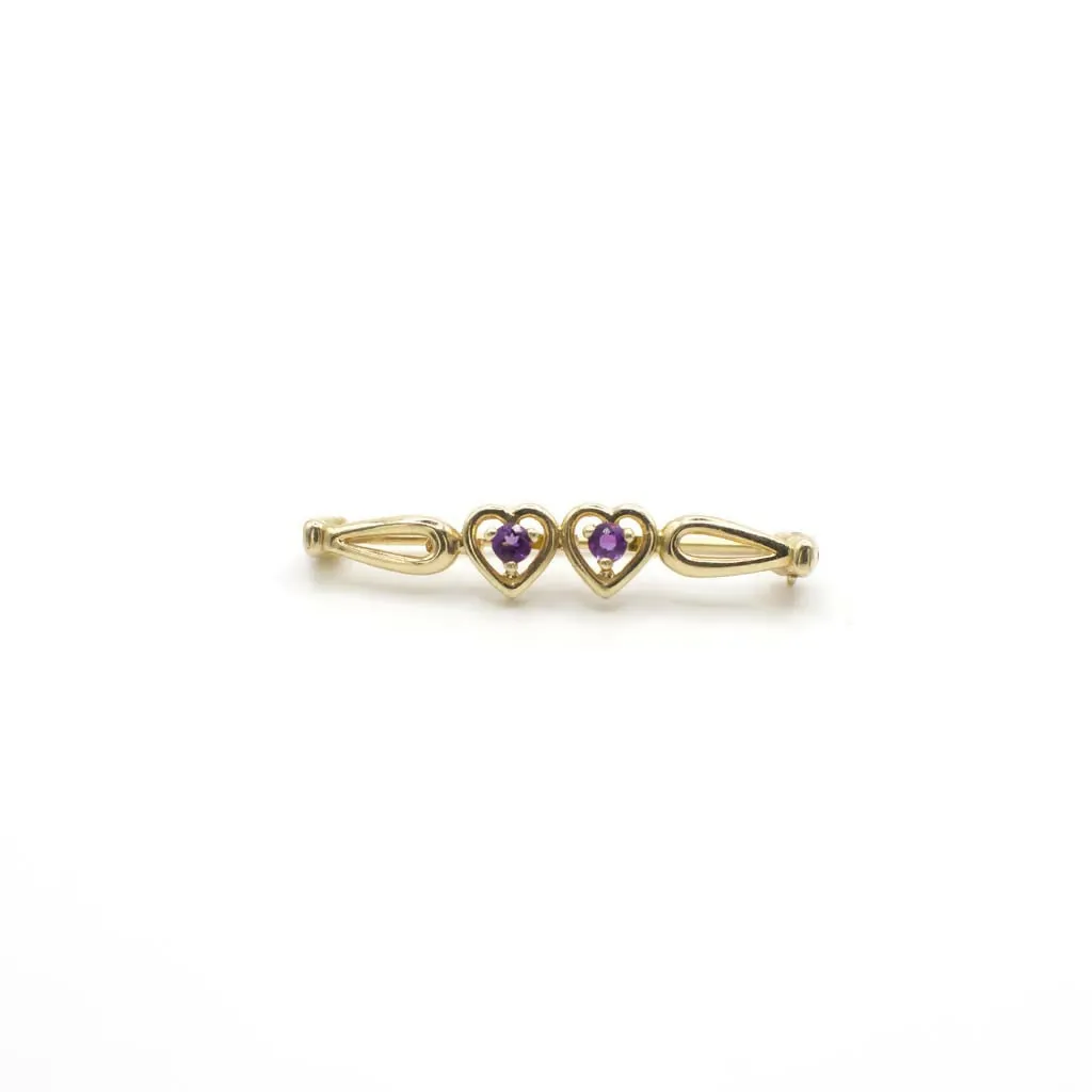 Vintage Genuine Amethyst Two Hearts Pin In 14K Yellow Gold