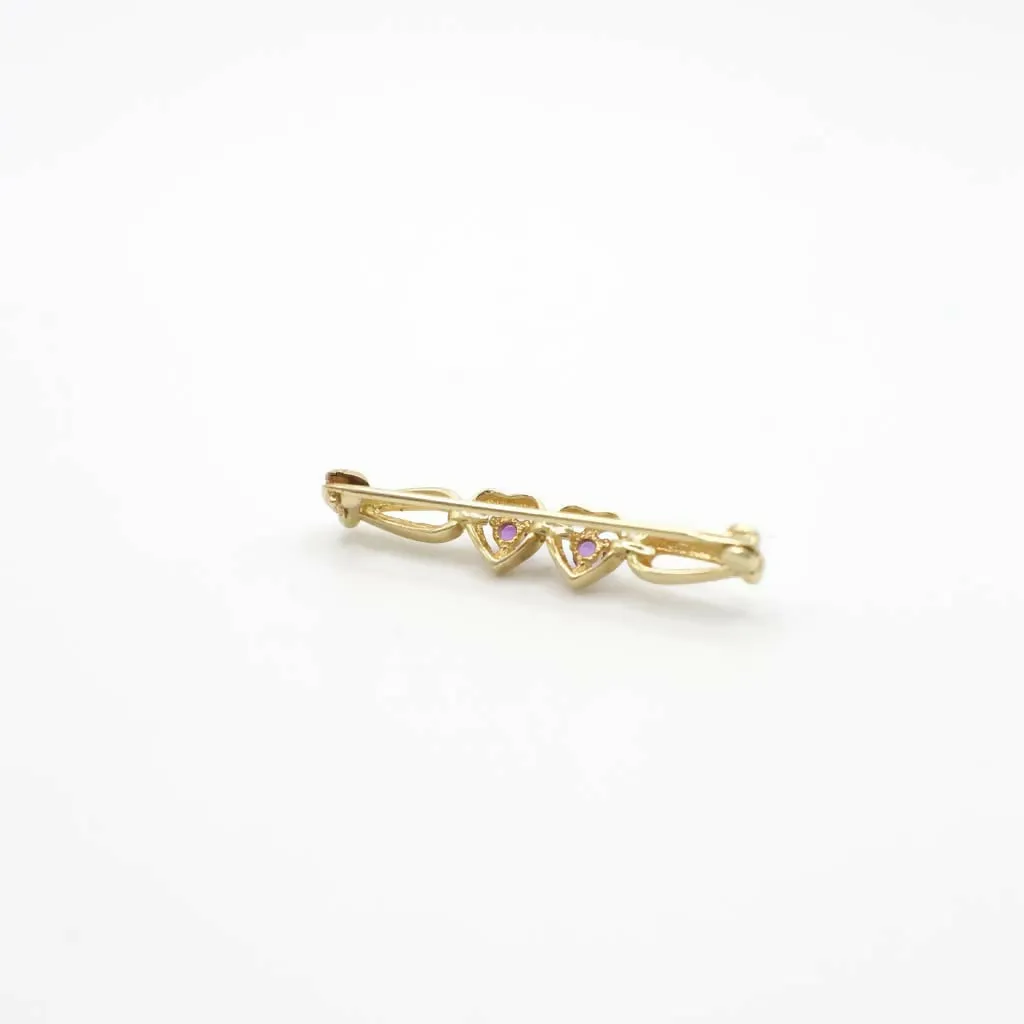 Vintage Genuine Amethyst Two Hearts Pin In 14K Yellow Gold