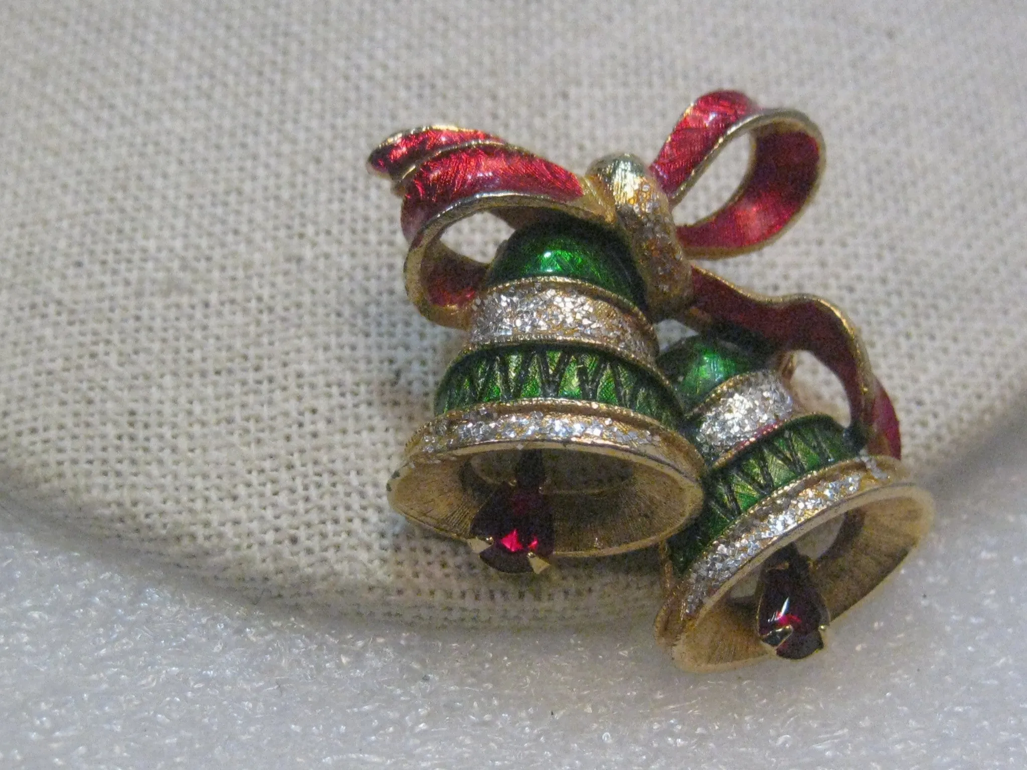 Vintage Gold Tone Christmas Bells Brooch,  1960's, Red & Green Enameling, Rhinestone Clappers