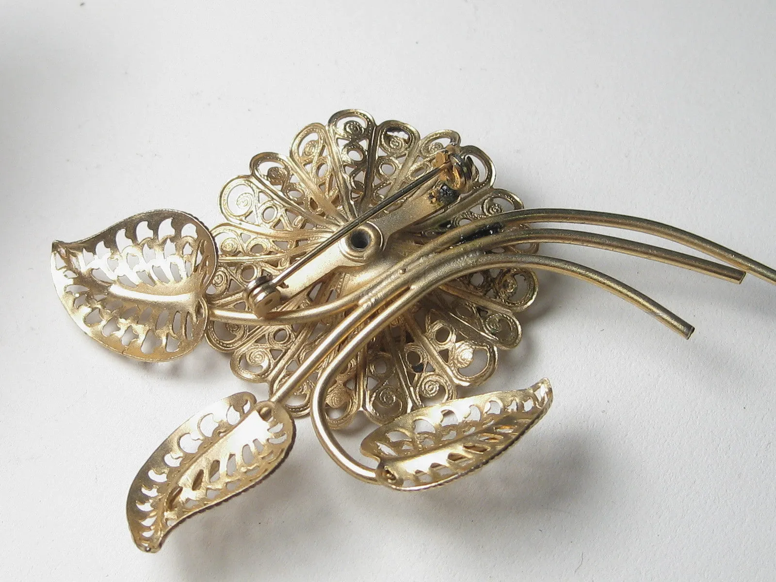 Vintage Gold Tone Filigree Blossom, Stem, & Leaves Brooch with Faux Pearl Center, Mid-Century, 3"