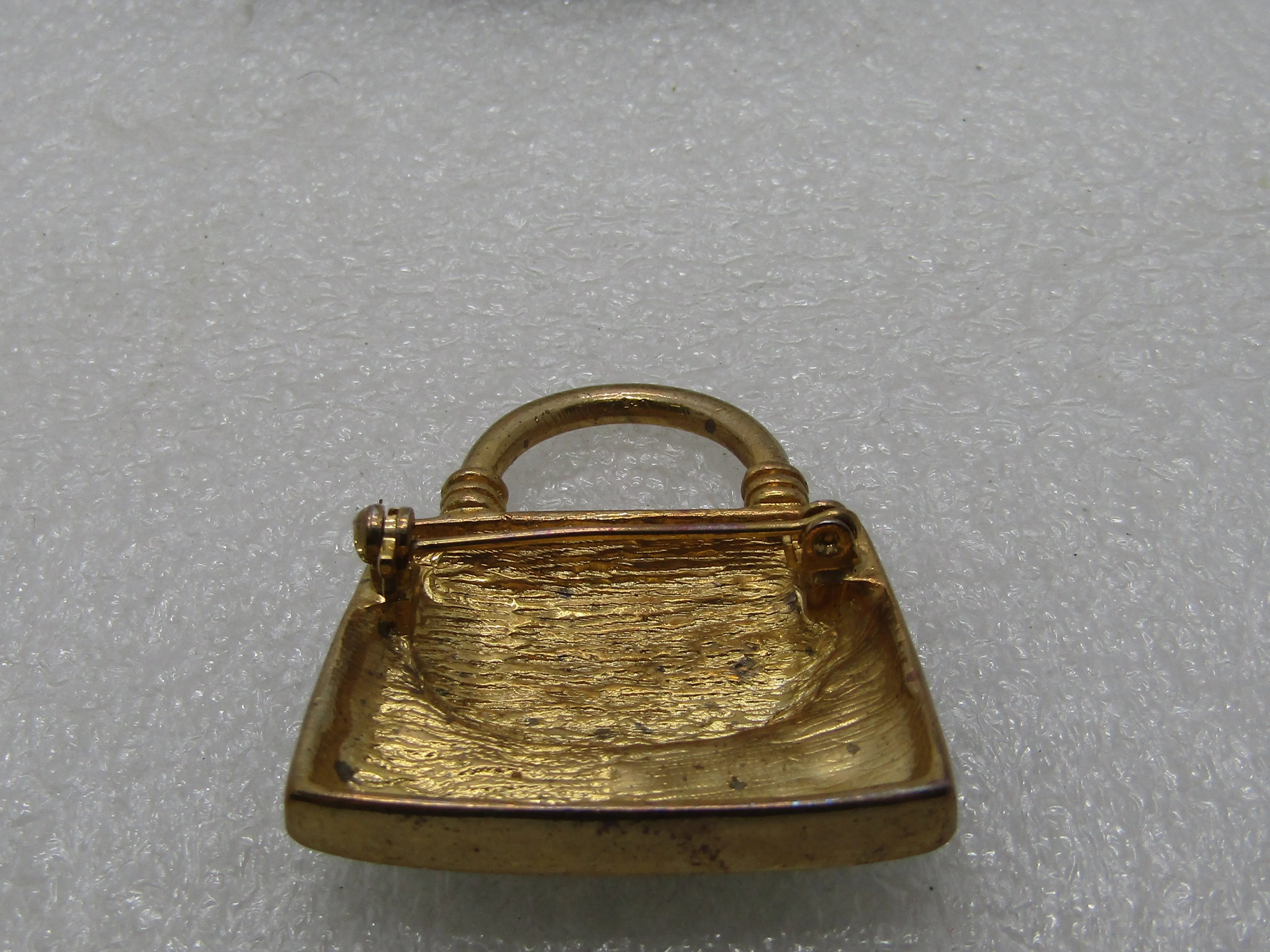 Vintage Gray Enameled Purse Brooch, 1980's, Gold Tone, 1-3.8" wide