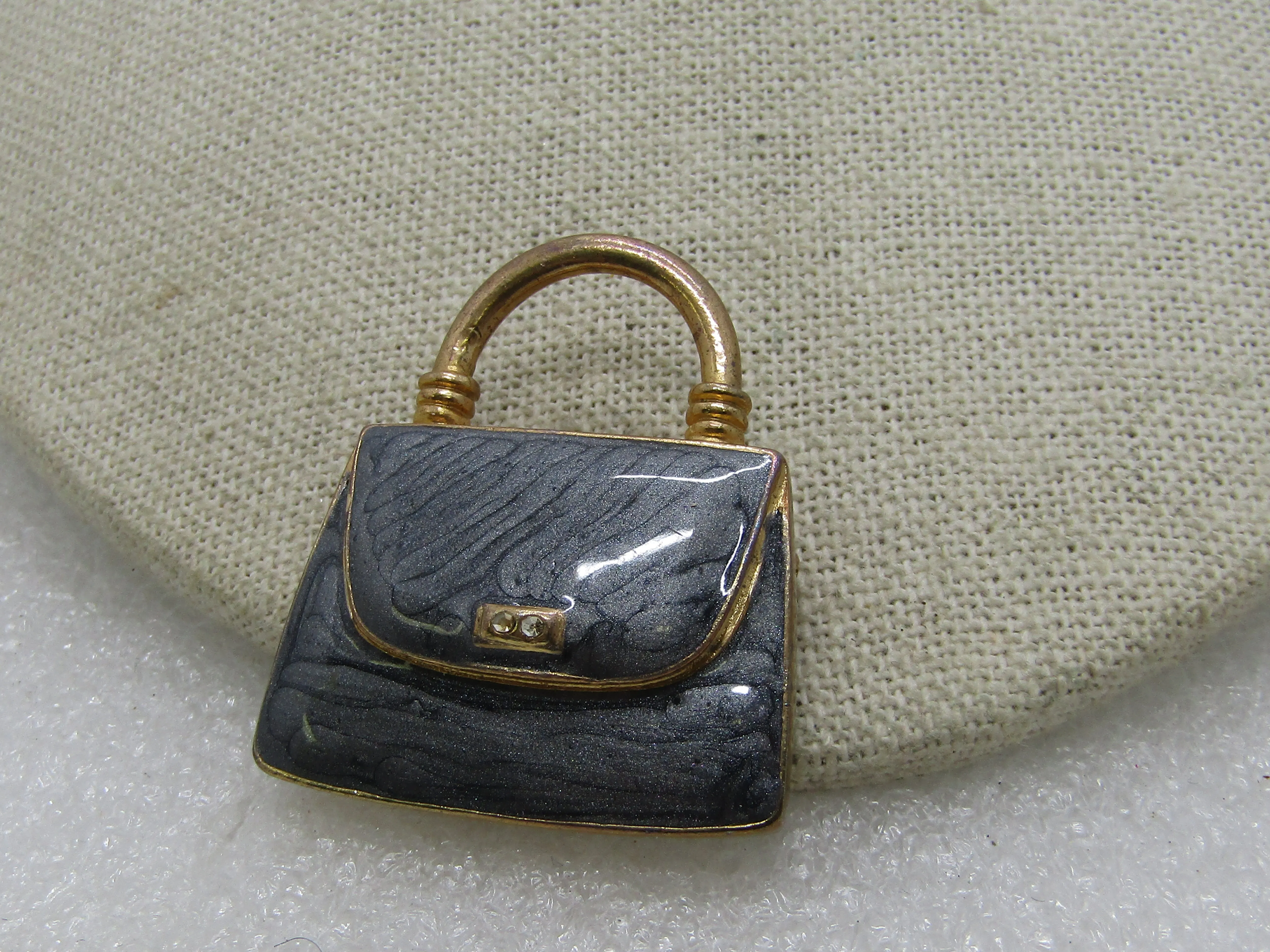 Vintage Gray Enameled Purse Brooch, 1980's, Gold Tone, 1-3.8" wide