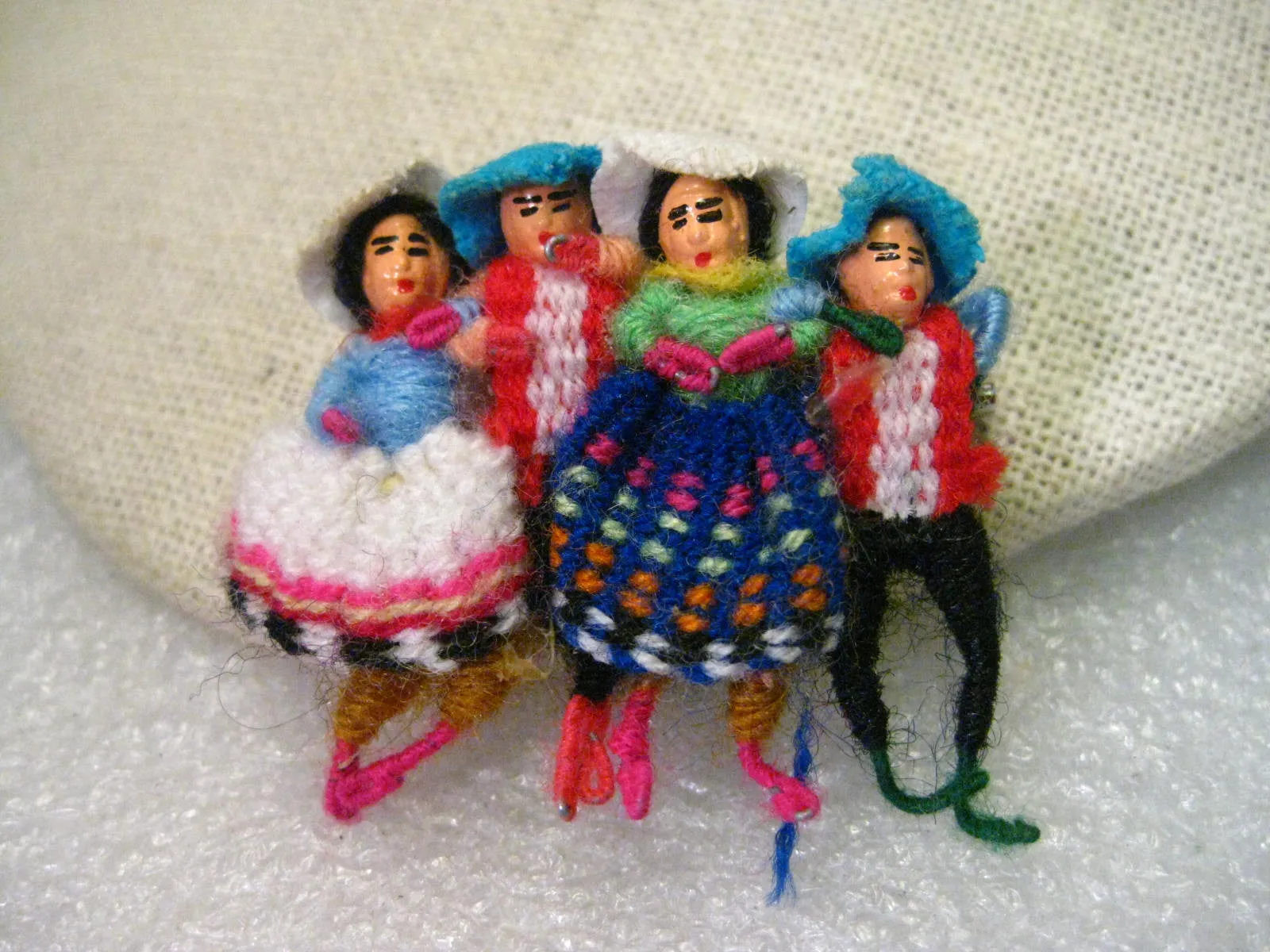 Vintage Hand Made Ethic Wool Woven &  Wrapped Doll Brooch, 2 Men, 2 Women, 1.5"