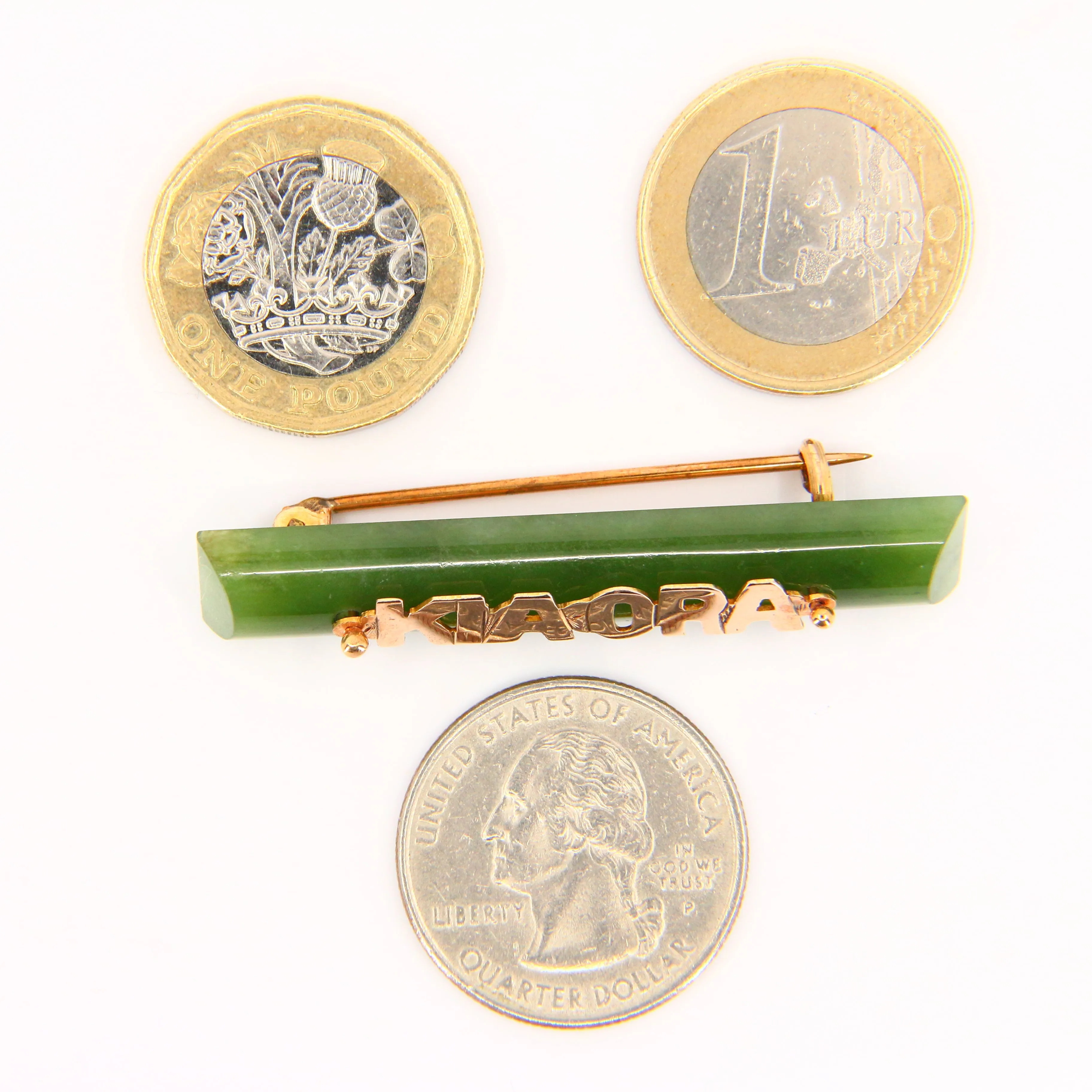 Vintage Kia Ora 9ct Jade Bar Brooch New Zealand Pounamu Yellow Gold NZ