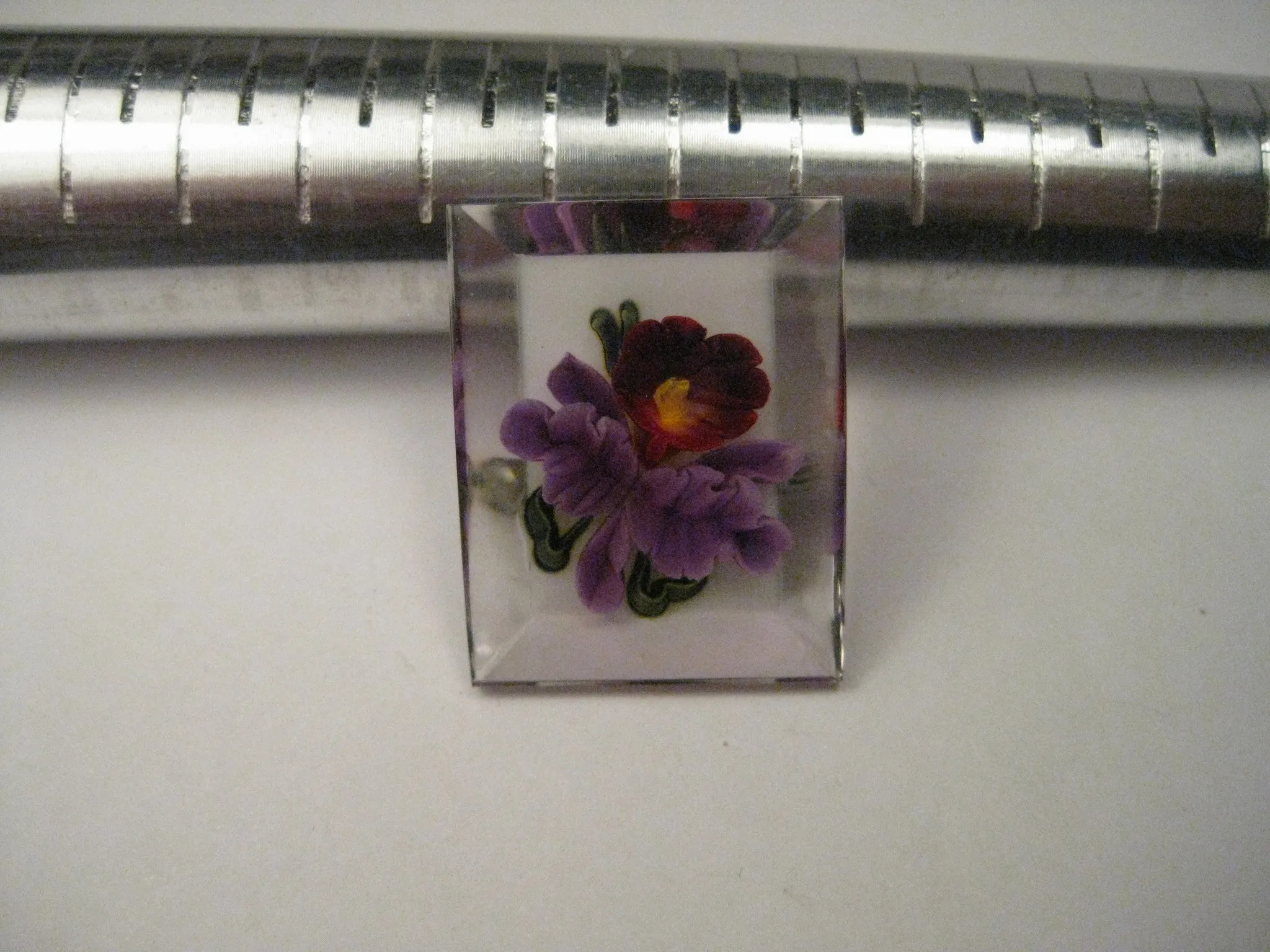 Vintage Lucite Reverse Carved and Painted Orchid Brooch, Reverse Beveled Rectangular Shape