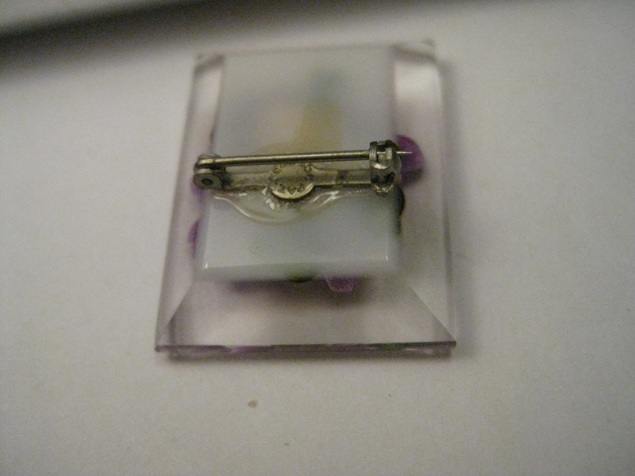 Vintage Lucite Reverse Carved and Painted Orchid Brooch, Reverse Beveled Rectangular Shape