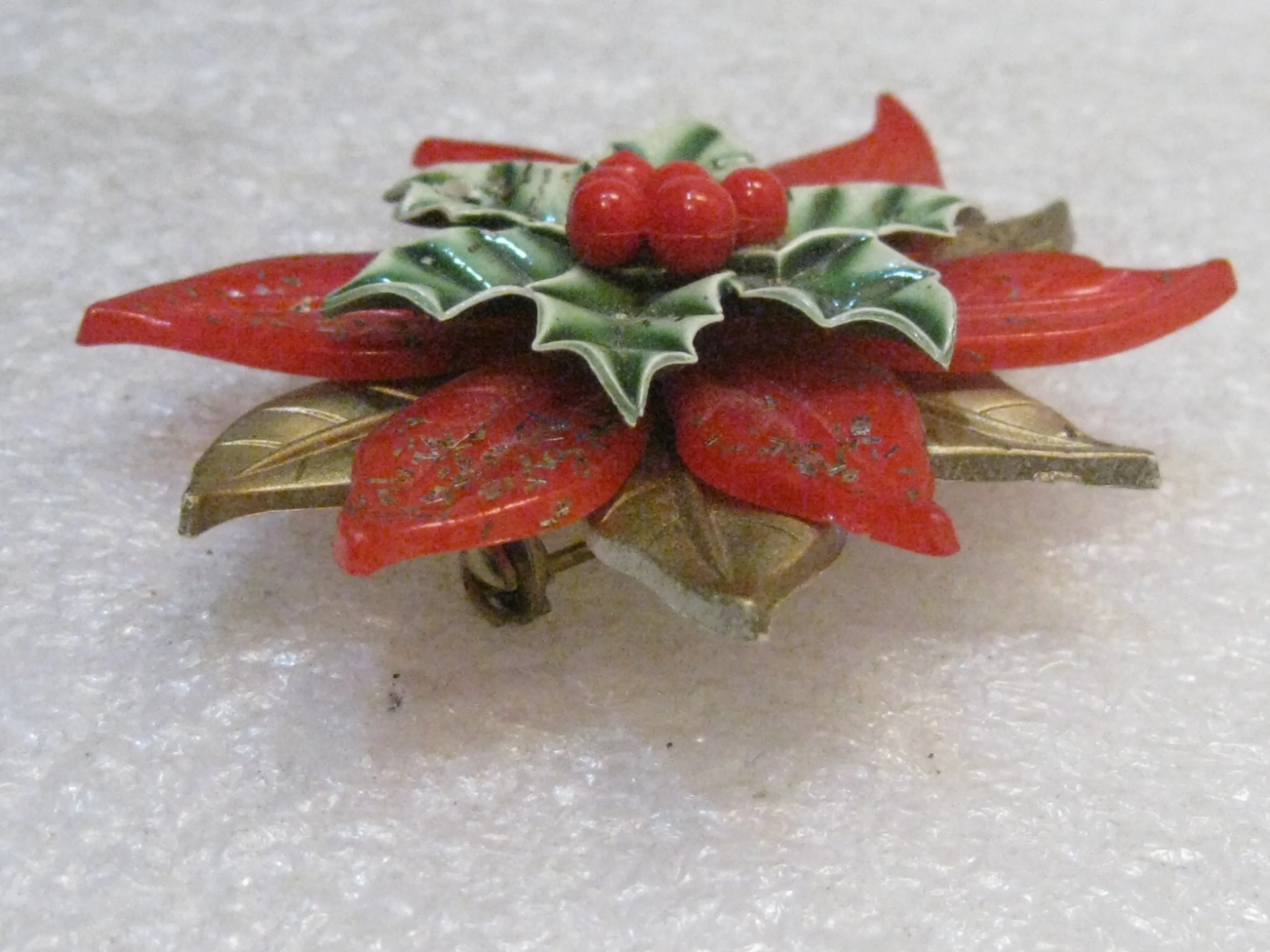 Vintage Poinsettia Christmas Brooch, Layered, 1960's, 2" Spins, Red, Green, Gold