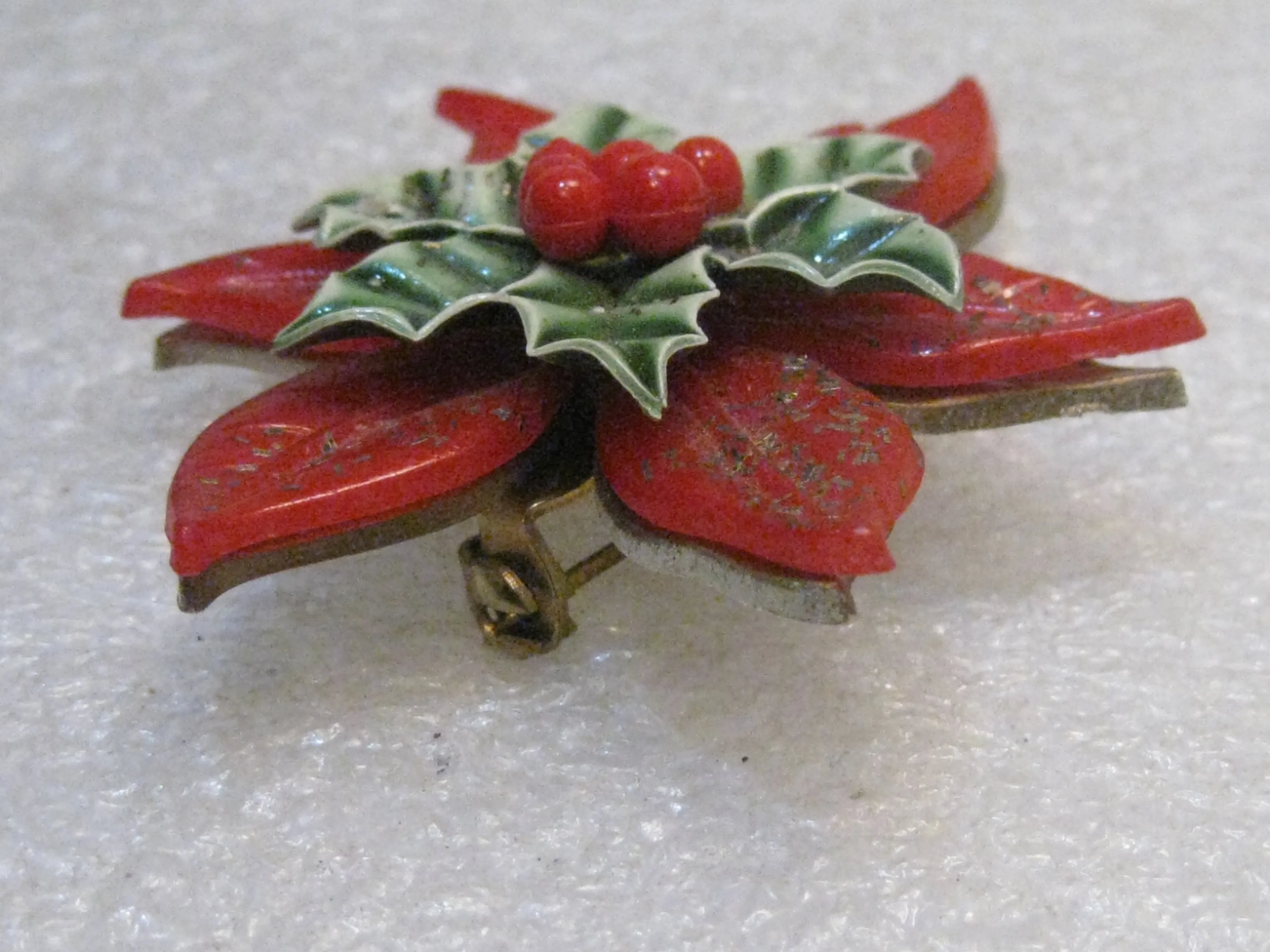 Vintage Poinsettia Christmas Brooch, Layered, 1960's, 2" Spins, Red, Green, Gold