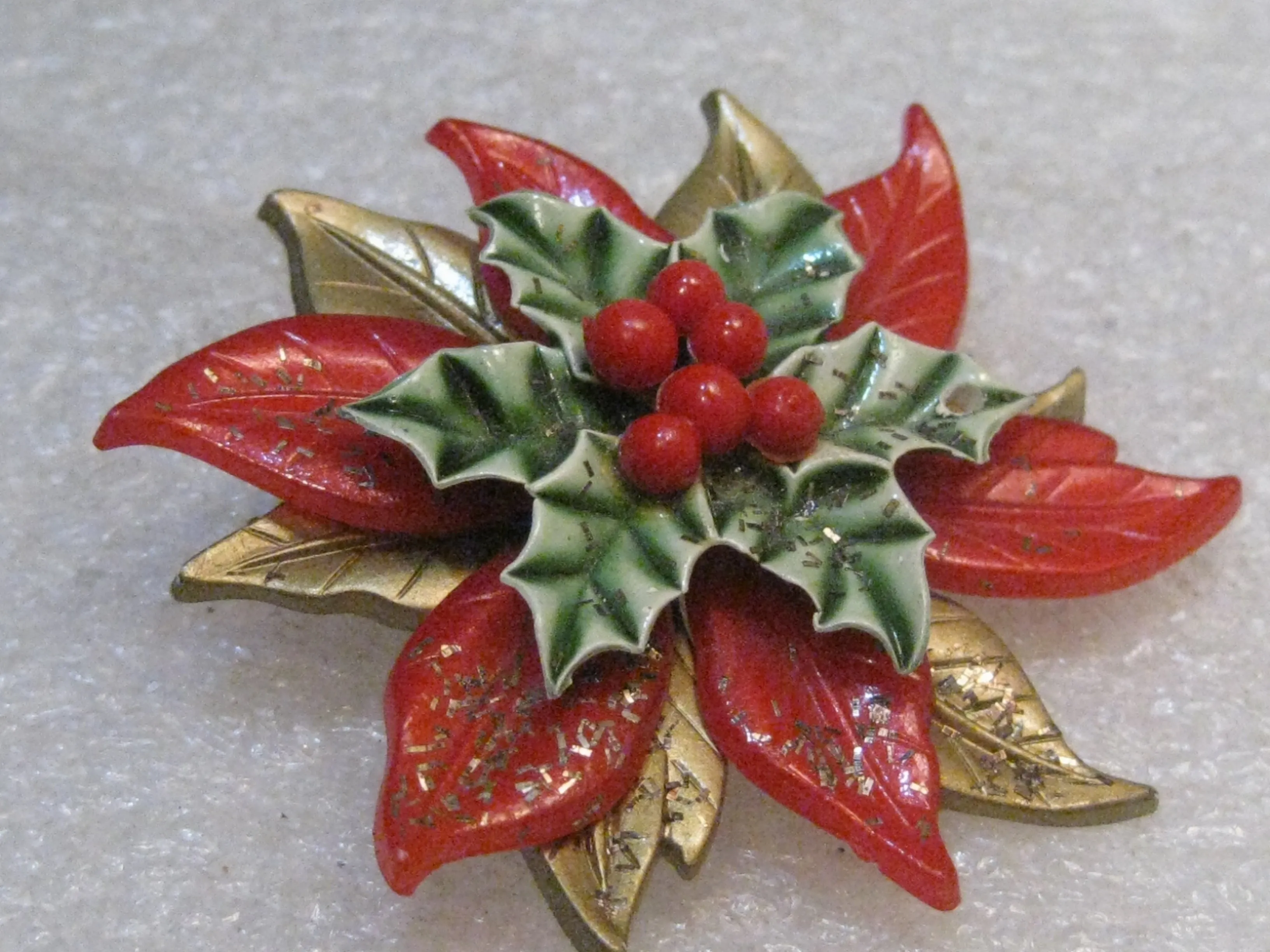 Vintage Poinsettia Christmas Brooch, Layered, 1960's, 2" Spins, Red, Green, Gold