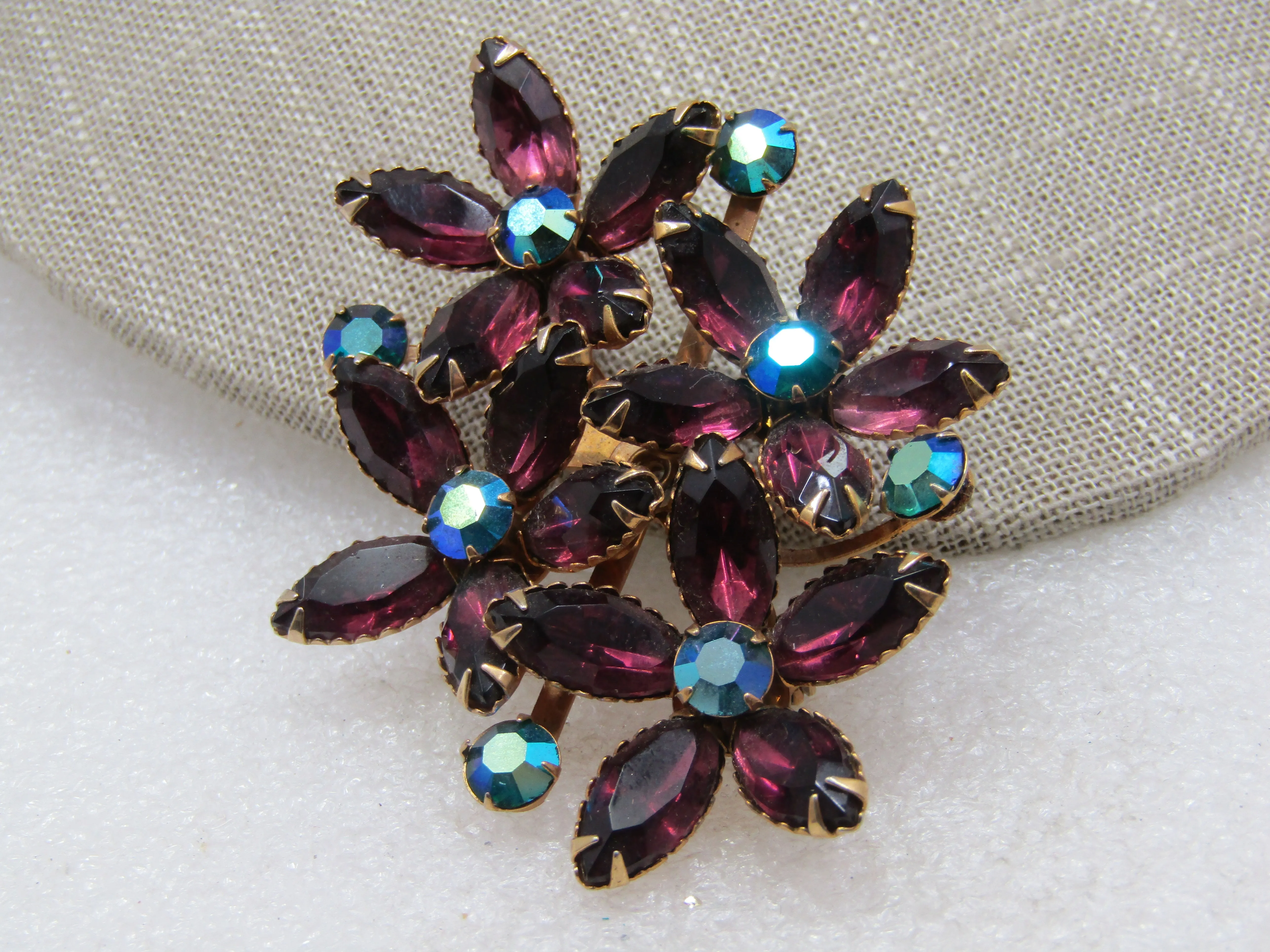 Vintage  Purple & Peachock A.B. Rhinestone Blossom Brooch, 1960's