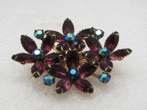 Vintage  Purple & Peachock A.B. Rhinestone Blossom Brooch, 1960's