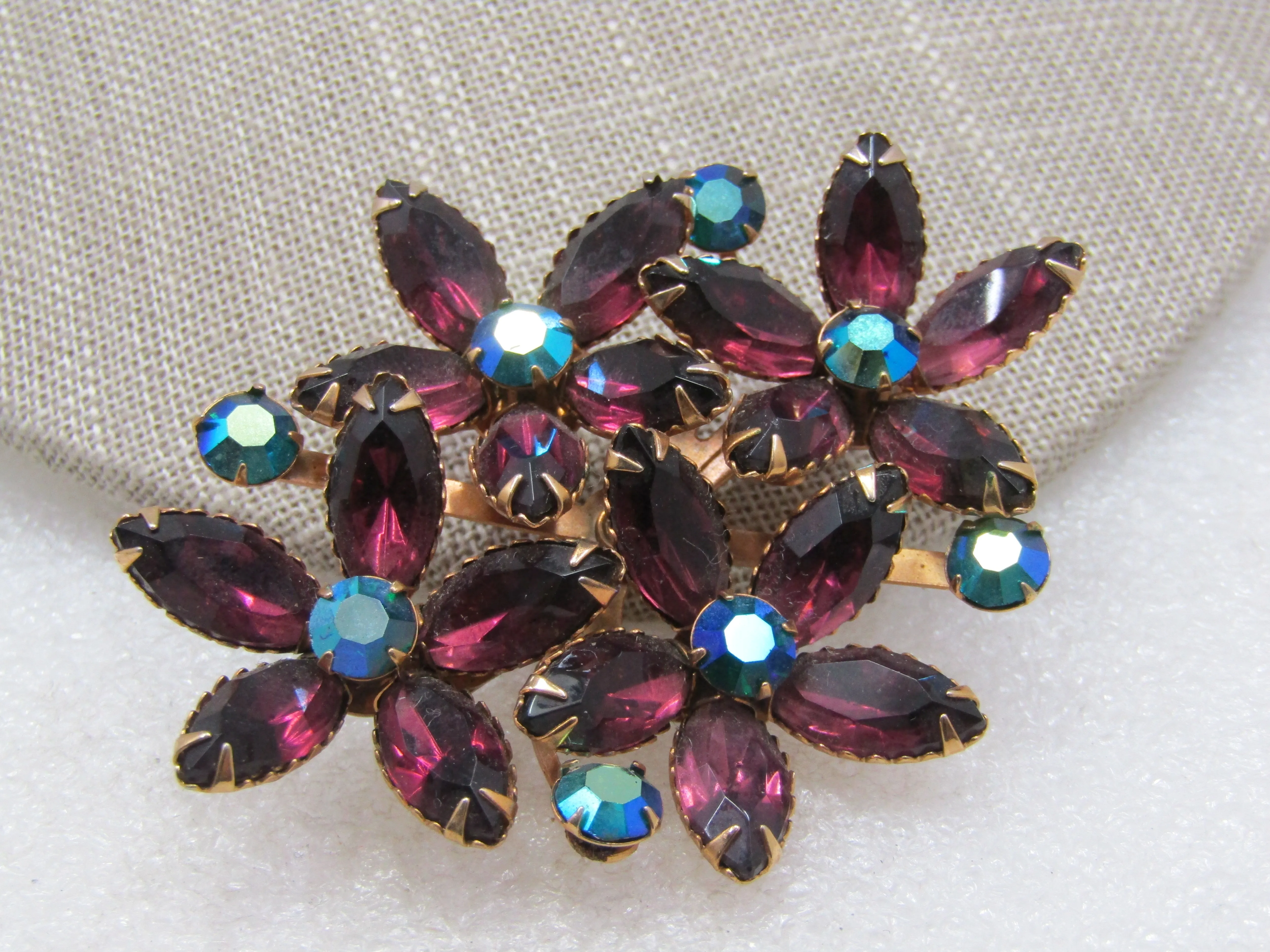 Vintage  Purple & Peachock A.B. Rhinestone Blossom Brooch, 1960's